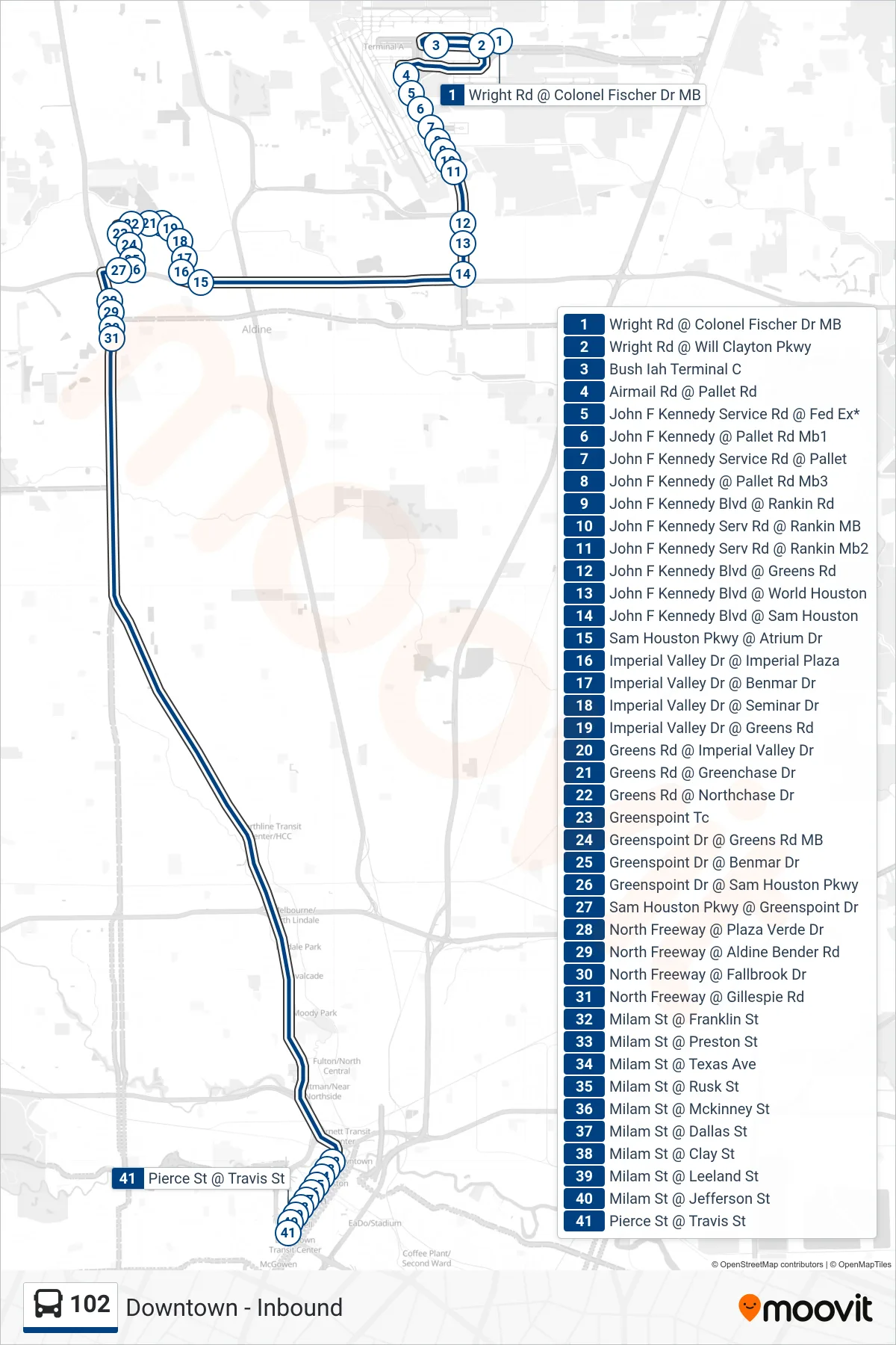 102 bus Line (Downtown - Inbound) route and stops on a map