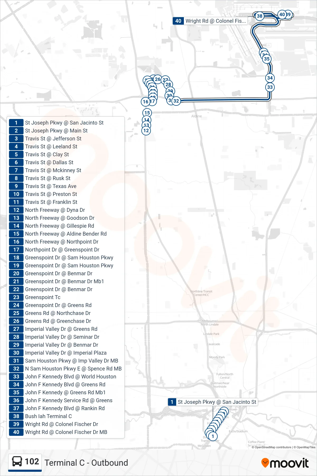 102 bus Line (Terminal C - Outbound) route and stops on a map