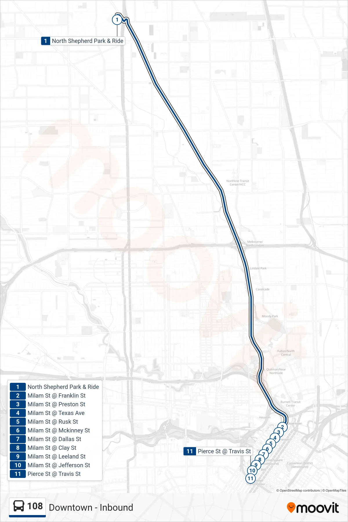108 bus Line (Downtown - Inbound) route and stops on a map