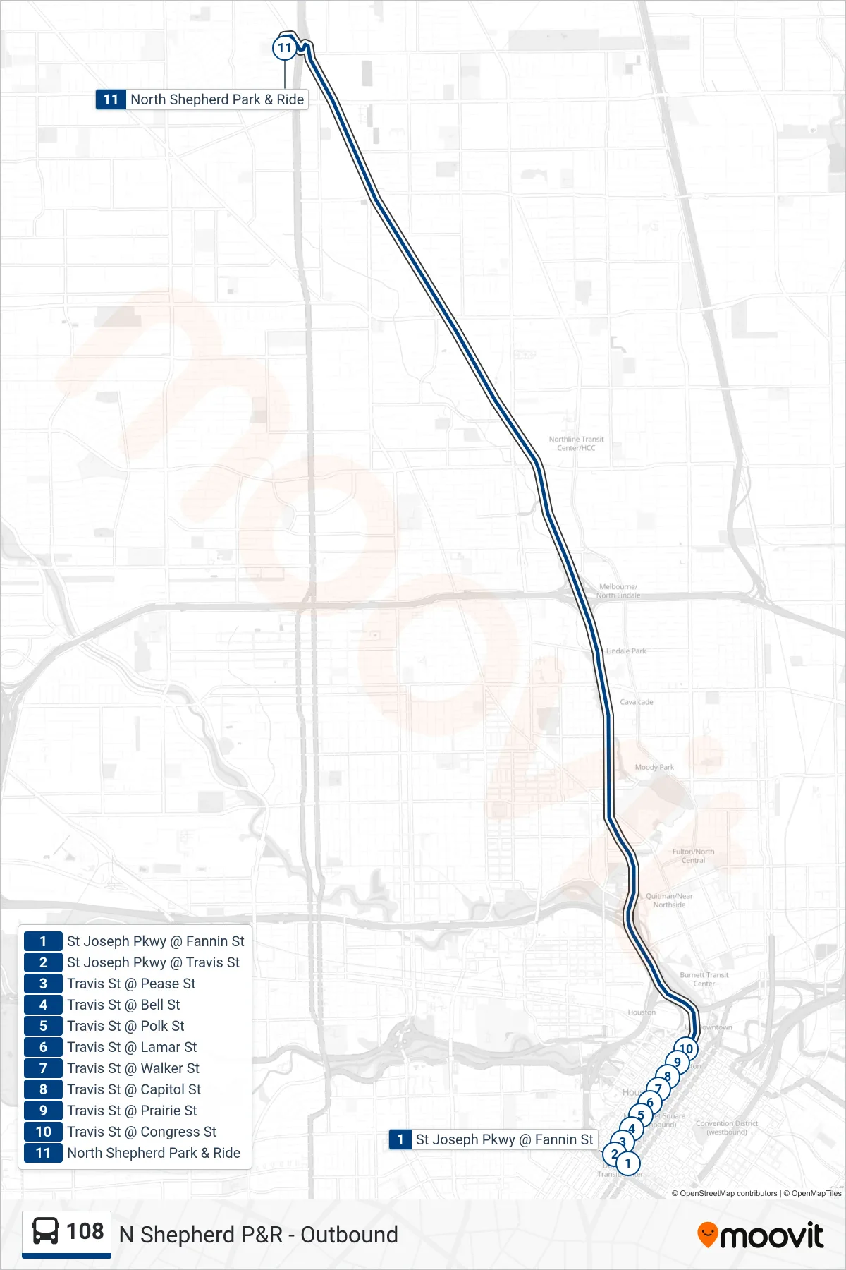108 bus Line (N Shepherd P&R - Outbound) route and stops on a map
