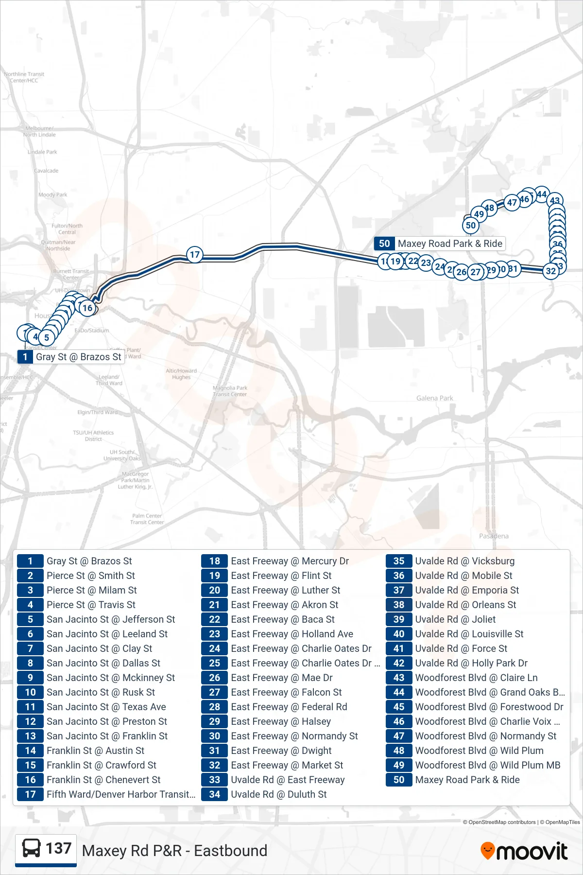 137 bus Line (Maxey Rd P&R - Eastbound) route and stops on a map