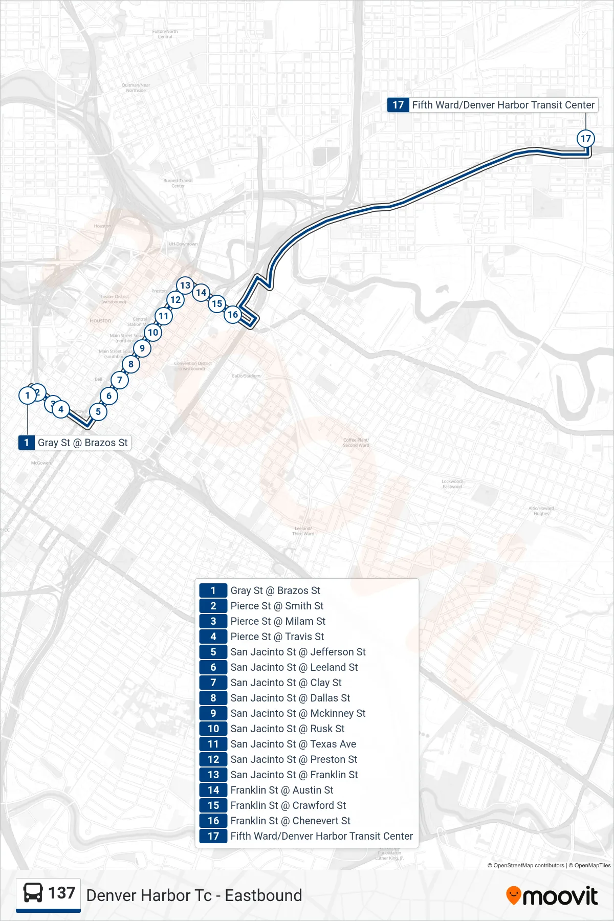 137 bus Line (Denver Harbor Tc - Eastbound) route and stops on a map