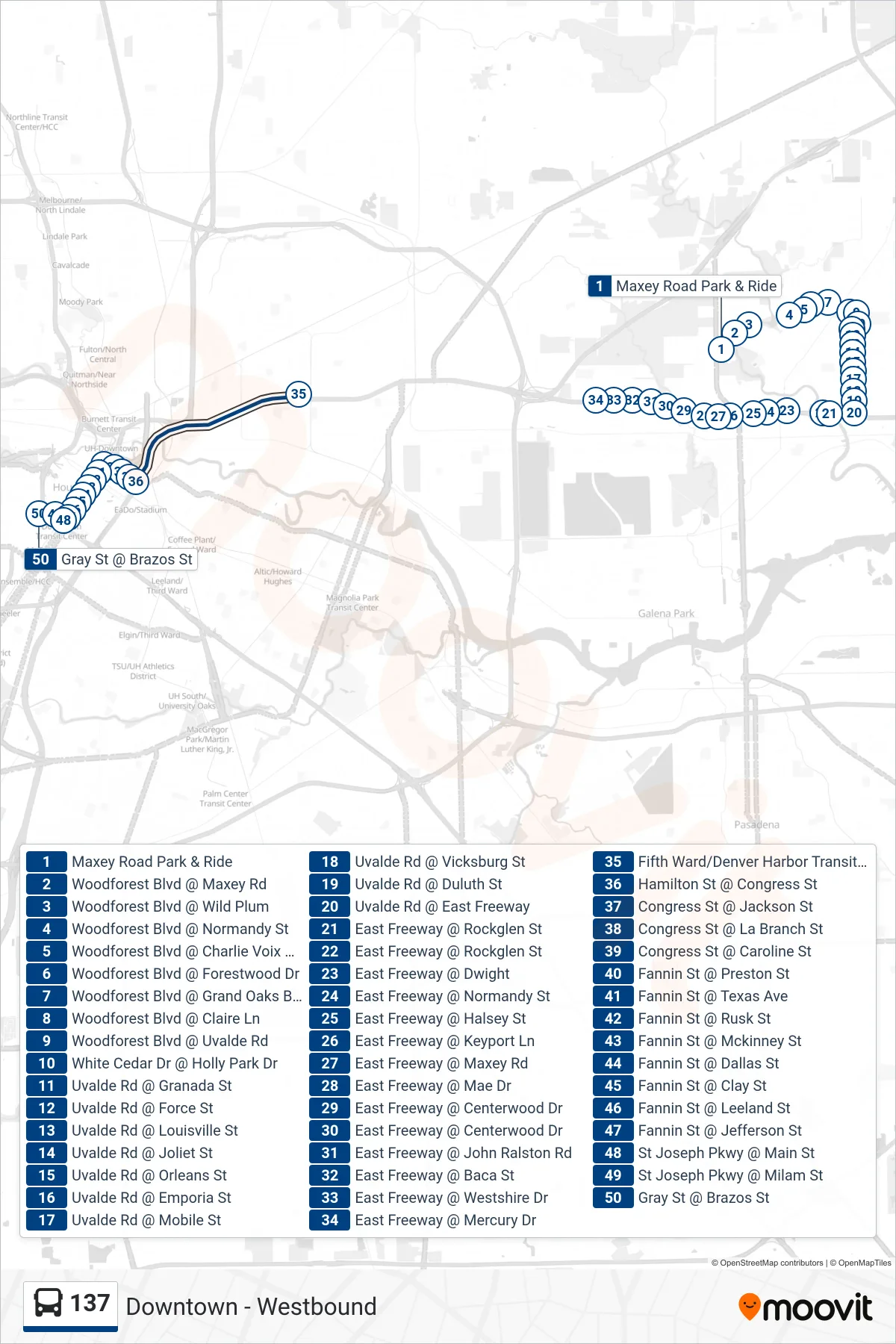 137 bus Line (Downtown - Westbound) route and stops on a map