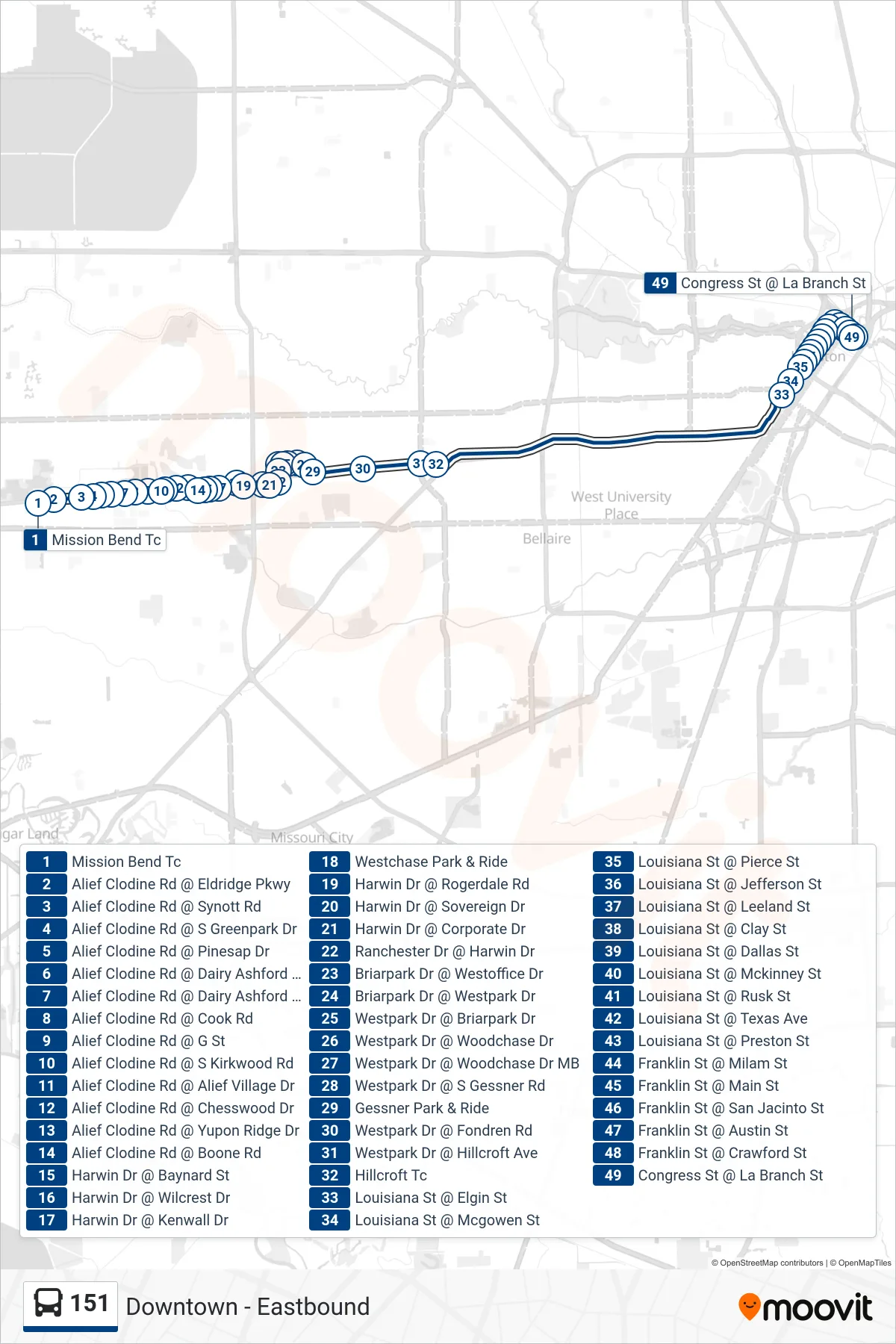151 bus Line (Downtown - Eastbound) route and stops on a map