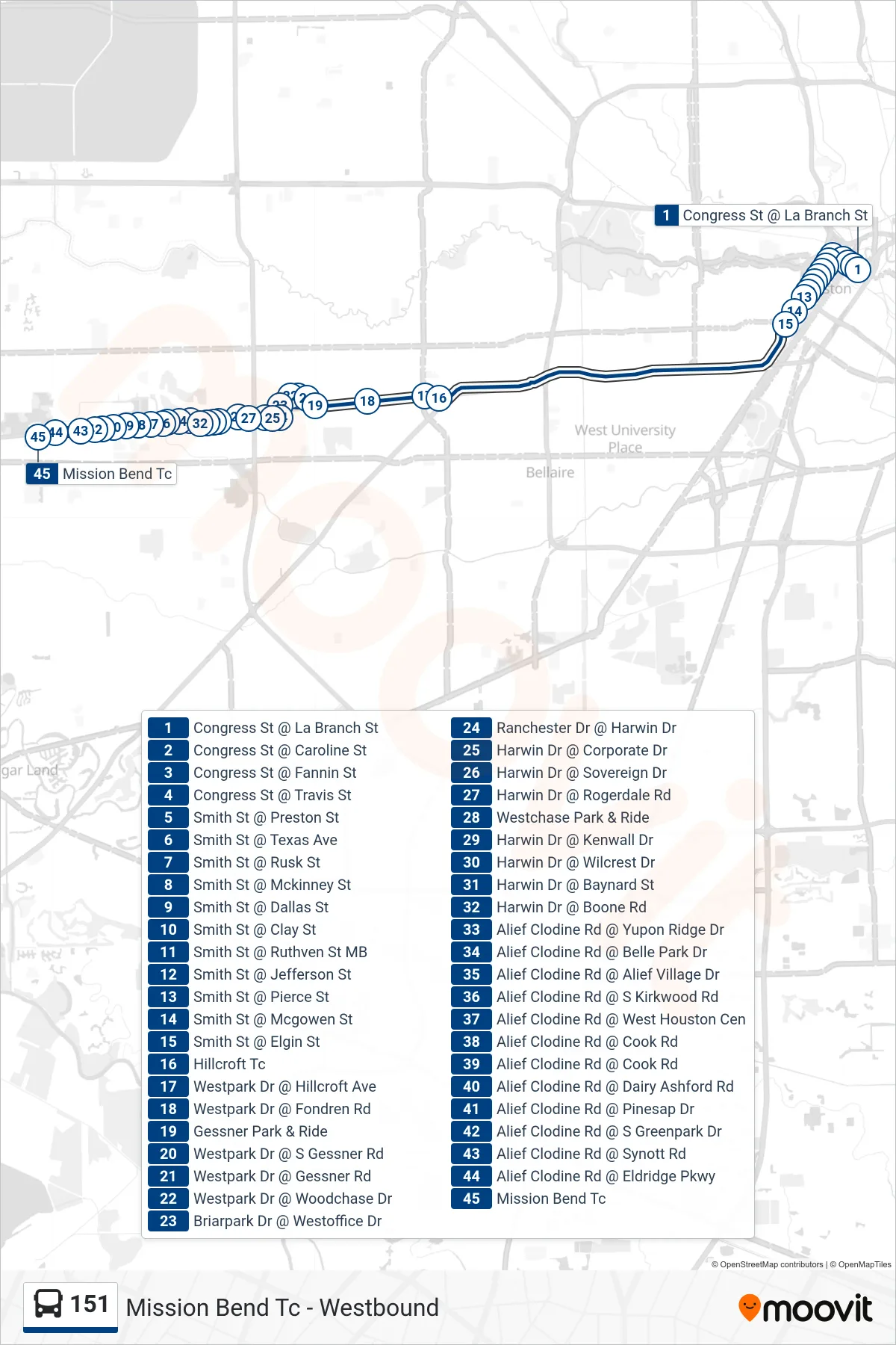 151 bus Line (Mission Bend Tc - Westbound) route and stops on a map