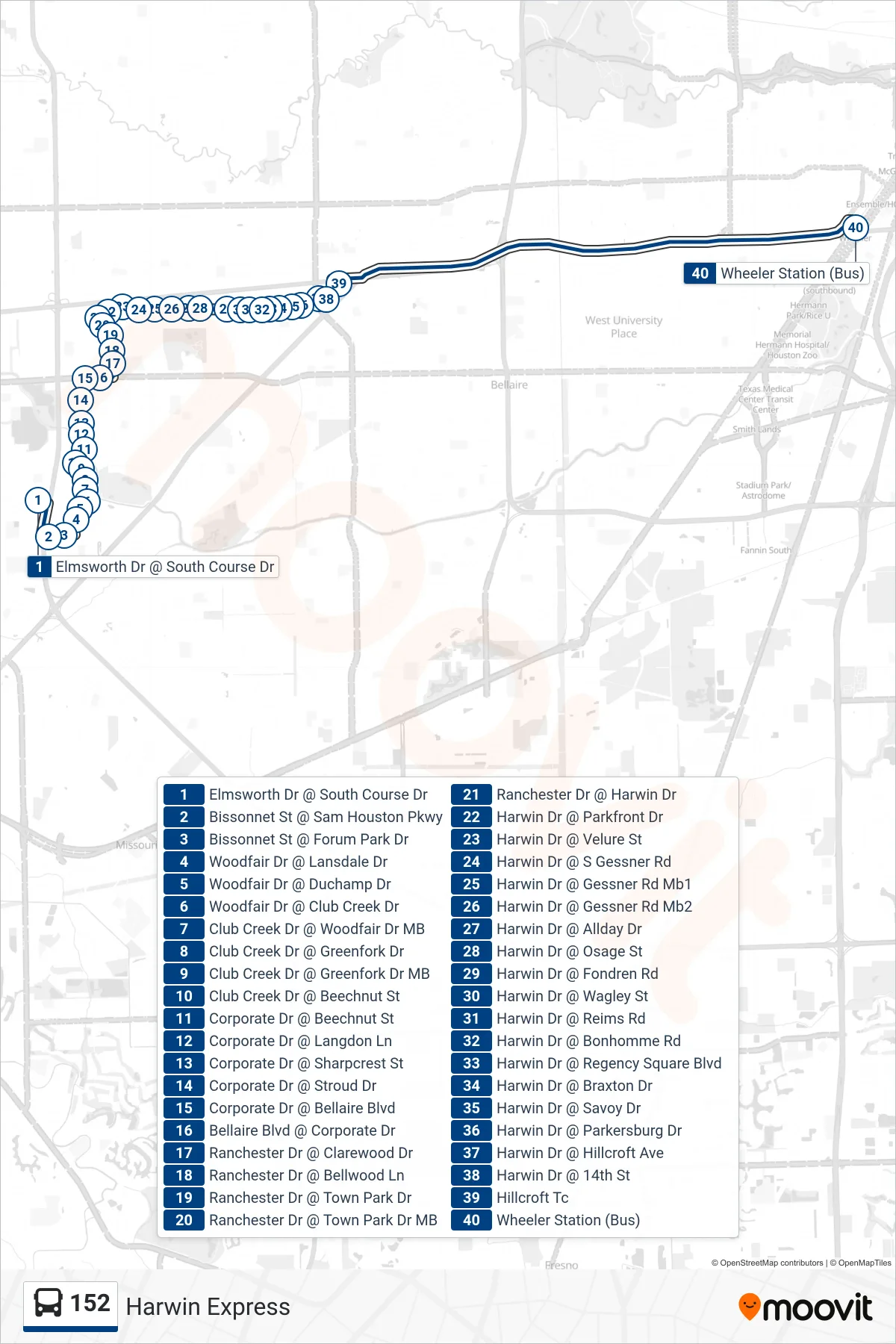 152 bus Line (Wheeler Tc - Eastbound) route and stops on a map