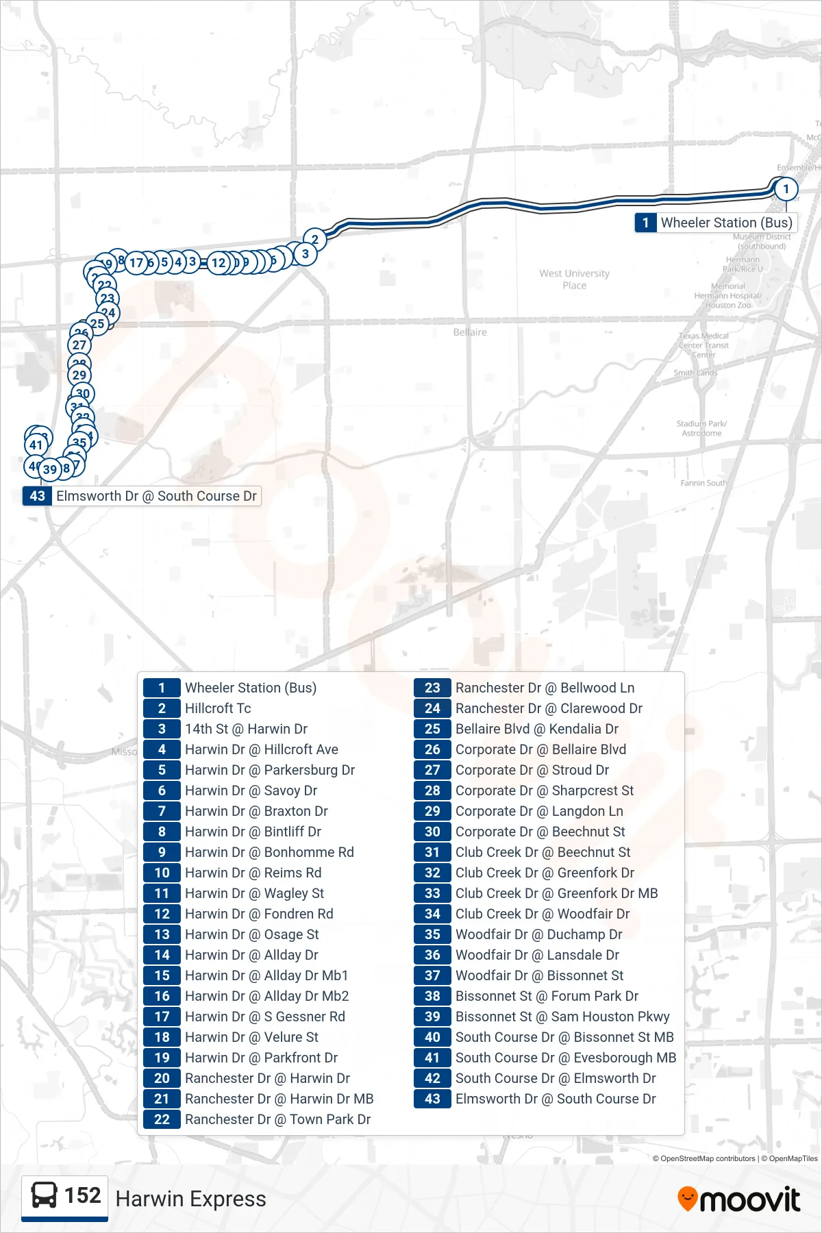 152 bus Line (West Belt - Westbound) route and stops on a map