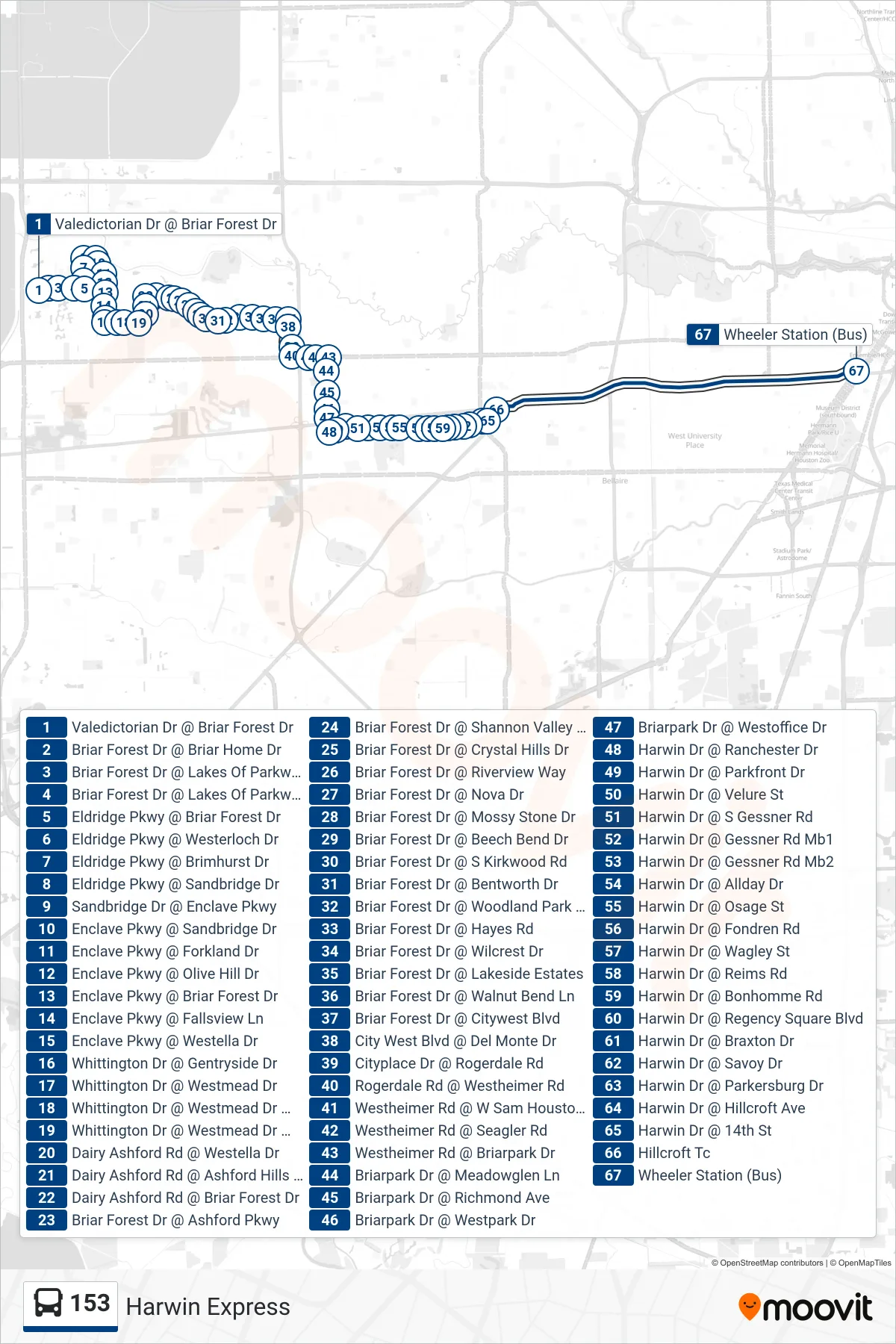 153 bus Line (Wheeler Tc - Eastbound) route and stops on a map