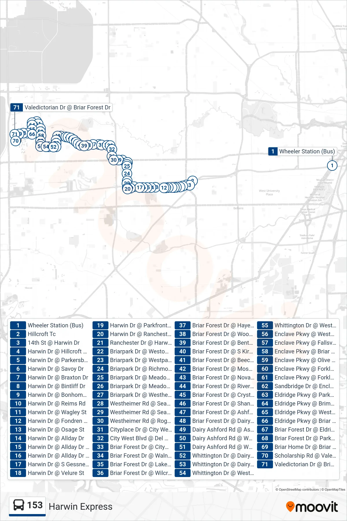 153 bus Line (Briar Forest Dr - Westbound) route and stops on a map