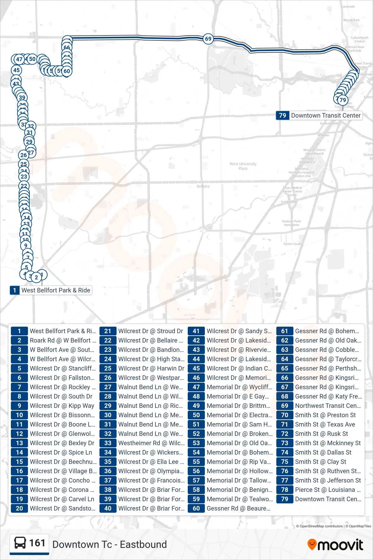 161 bus Line (Downtown Tc - Eastbound) route and stops on a map