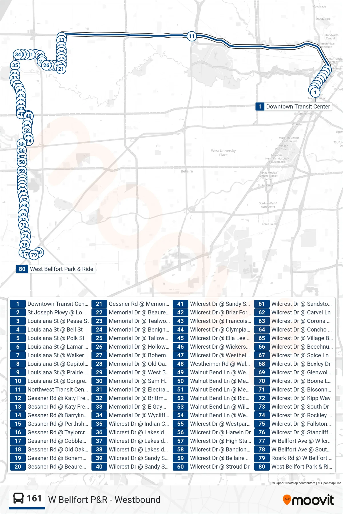 161 bus Line (W Bellfort P&R - Westbound) route and stops on a map