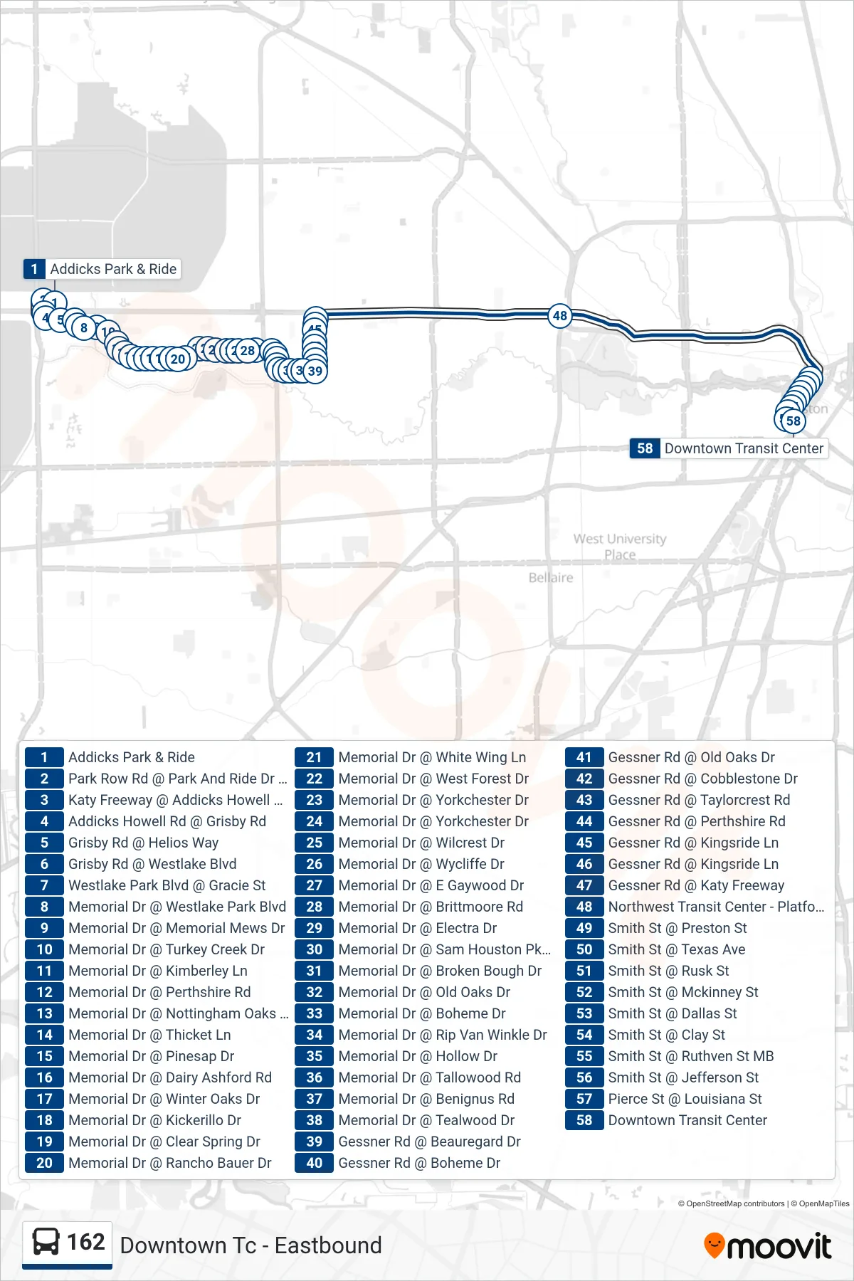 162 bus Line (Downtown Tc - Eastbound) route and stops on a map