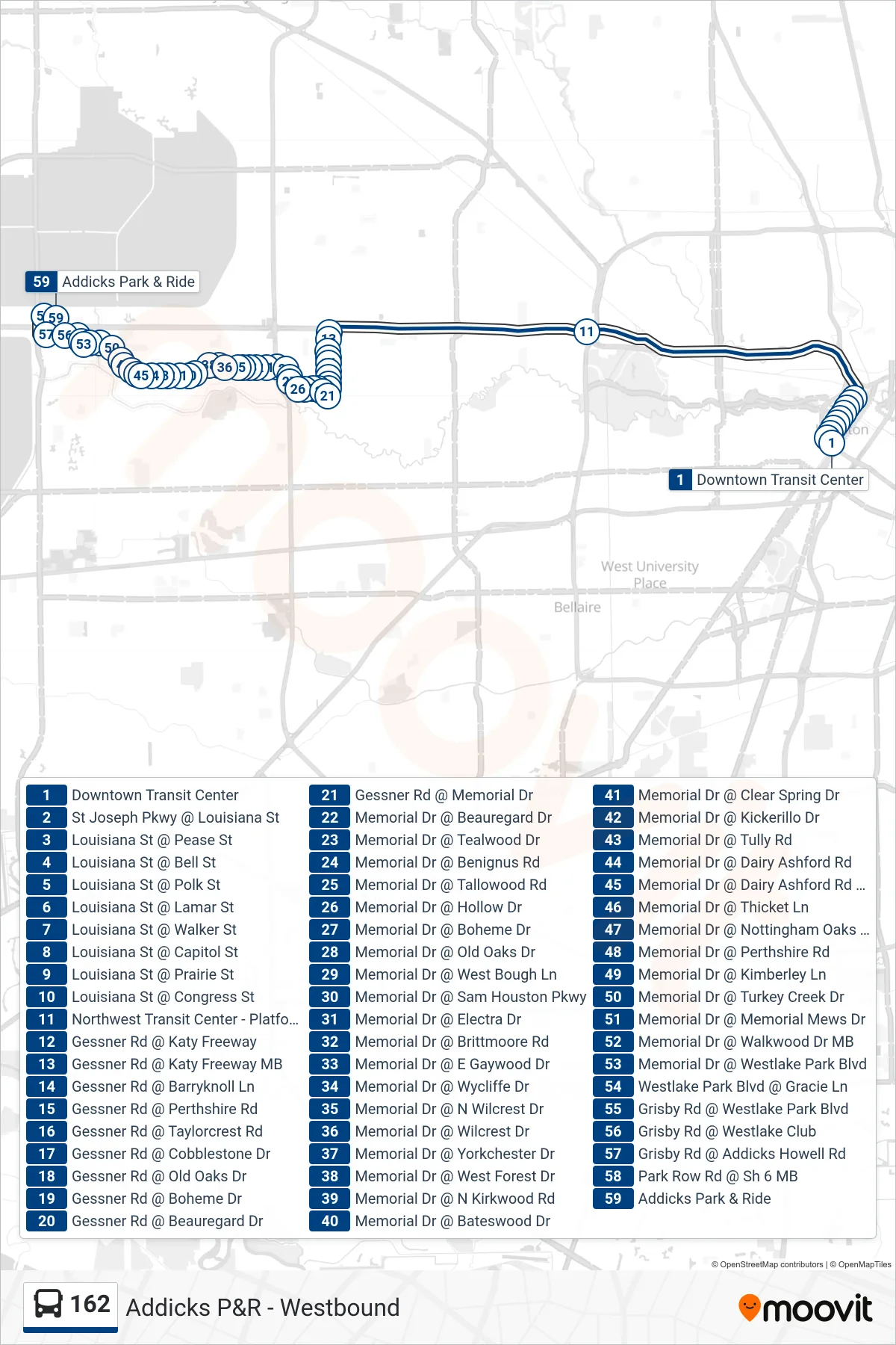 162 bus Line (Addicks P&R - Westbound) route and stops on a map