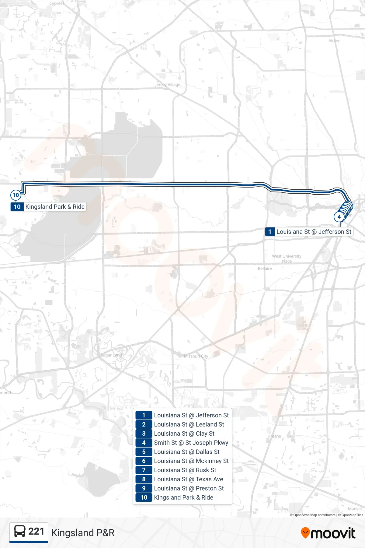 221 bus Line (Kingsland - Outbound) route and stops on a map