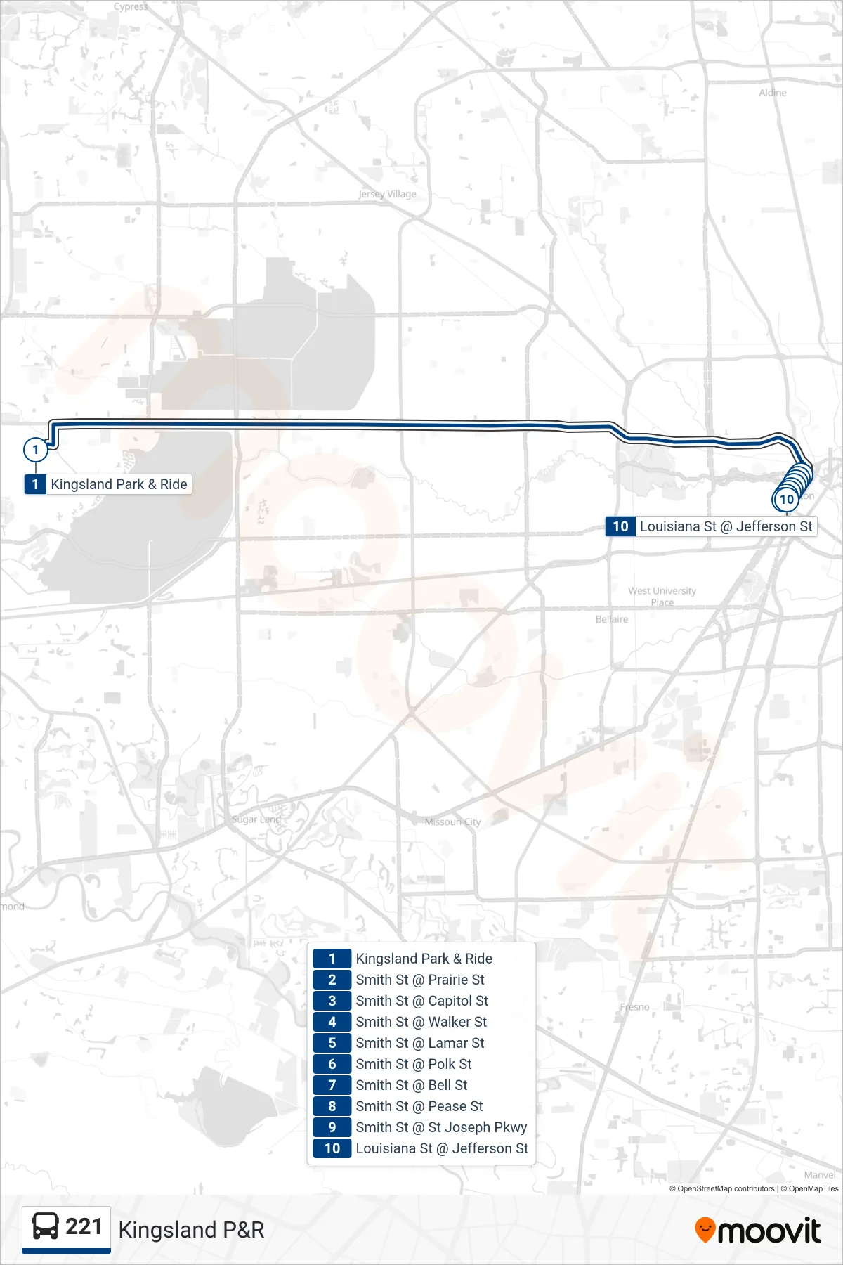 221 bus Line (Downtown - Inbound) route and stops on a map