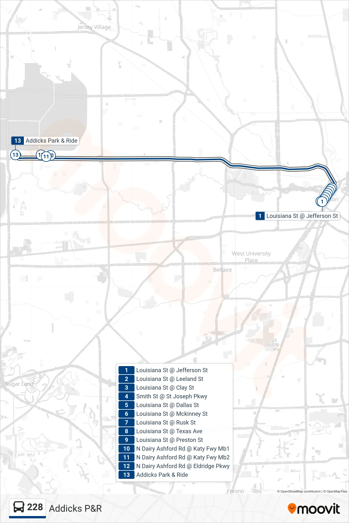 228 bus Line (Westbound) route and stops on a map