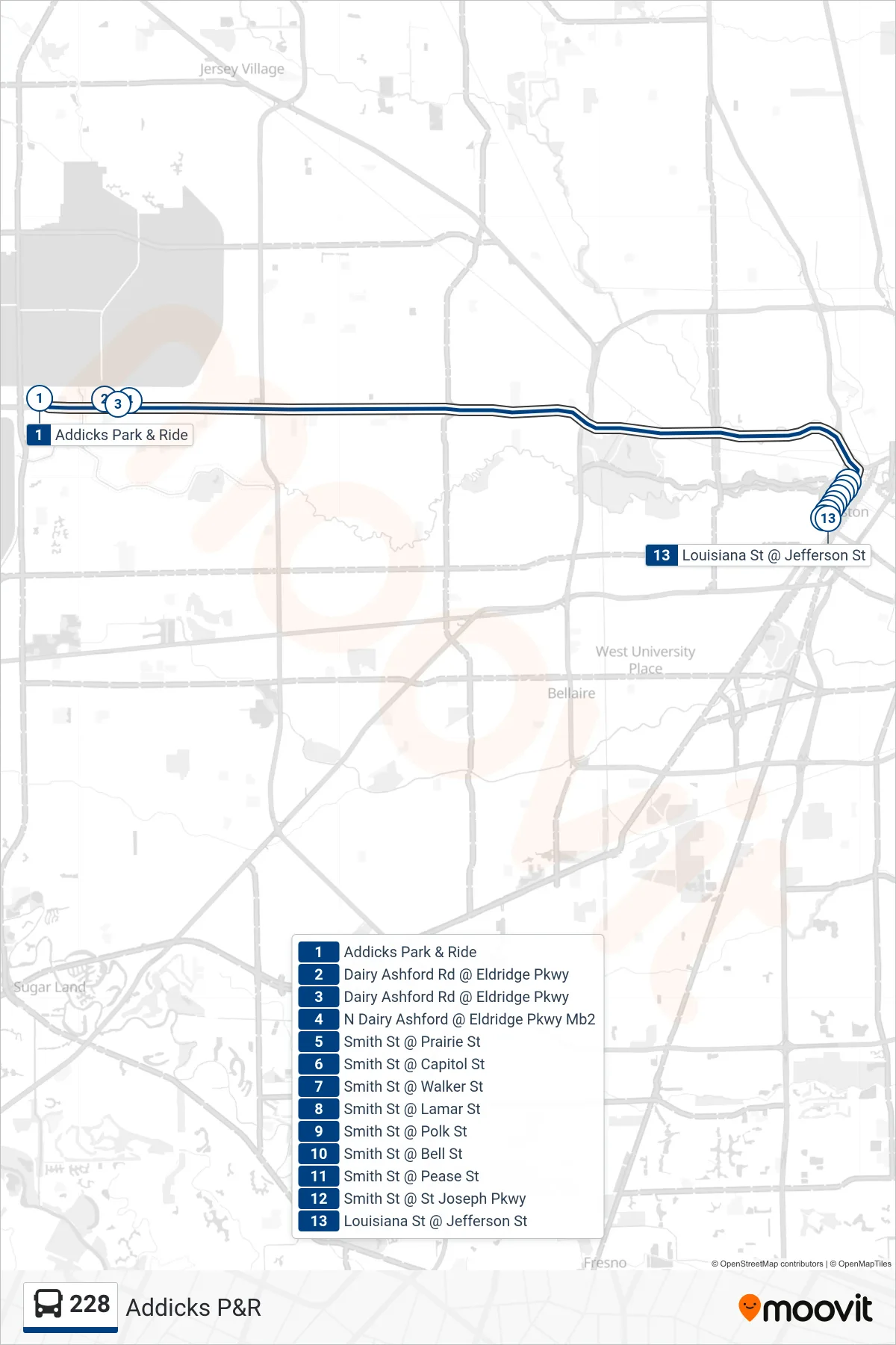 228 bus Line (Eastbound) route and stops on a map