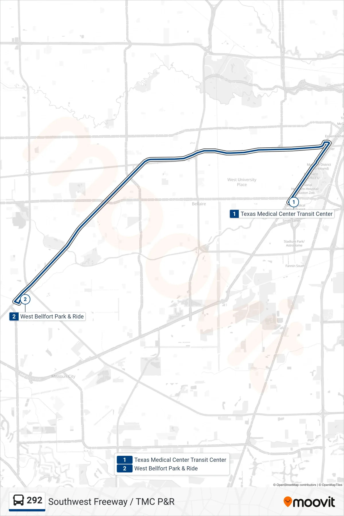 292 bus Line (West Bellfort - Outbound) route and stops on a map