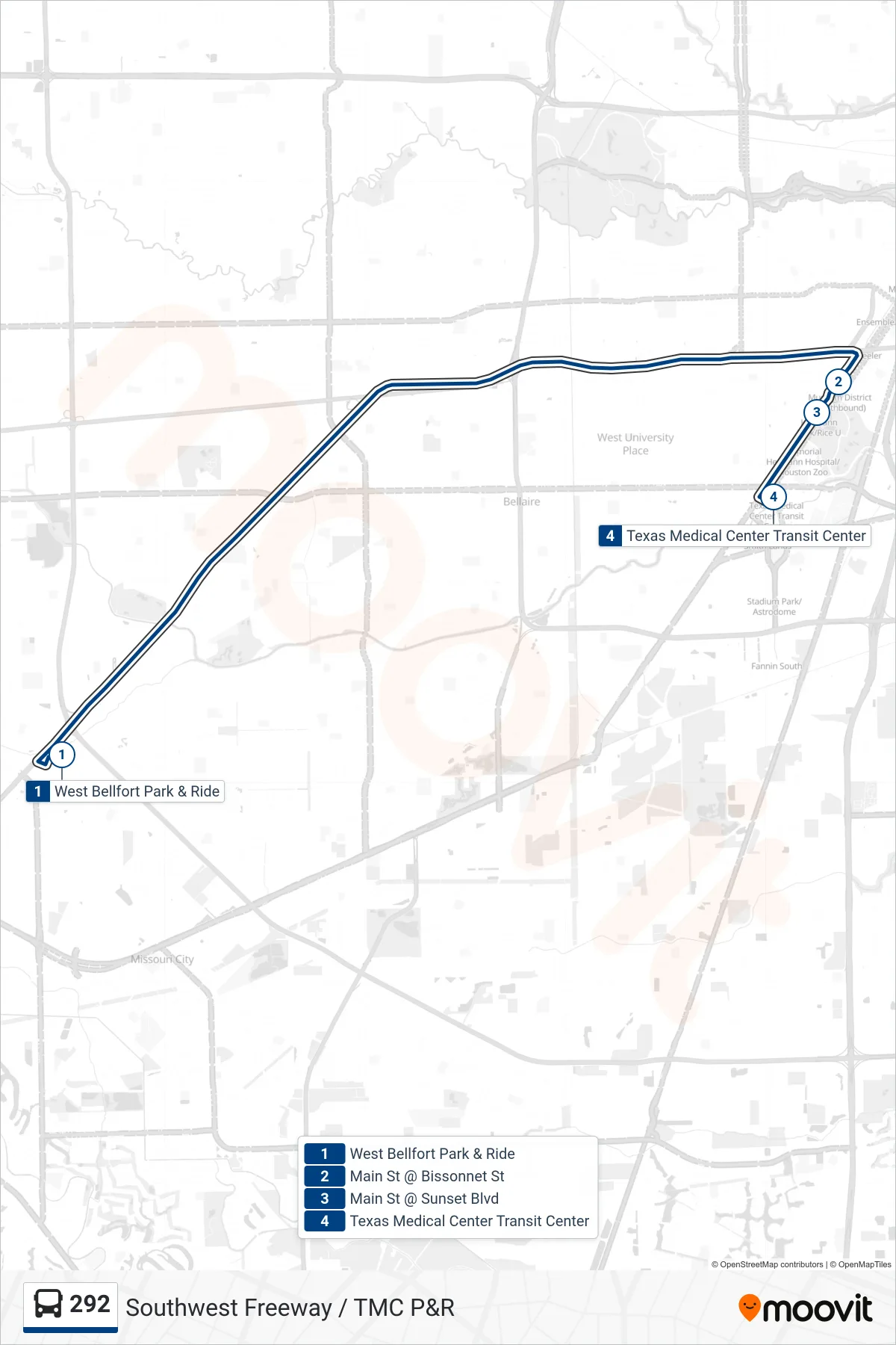 292 bus Line (Tmc Tc - Inbound) route and stops on a map