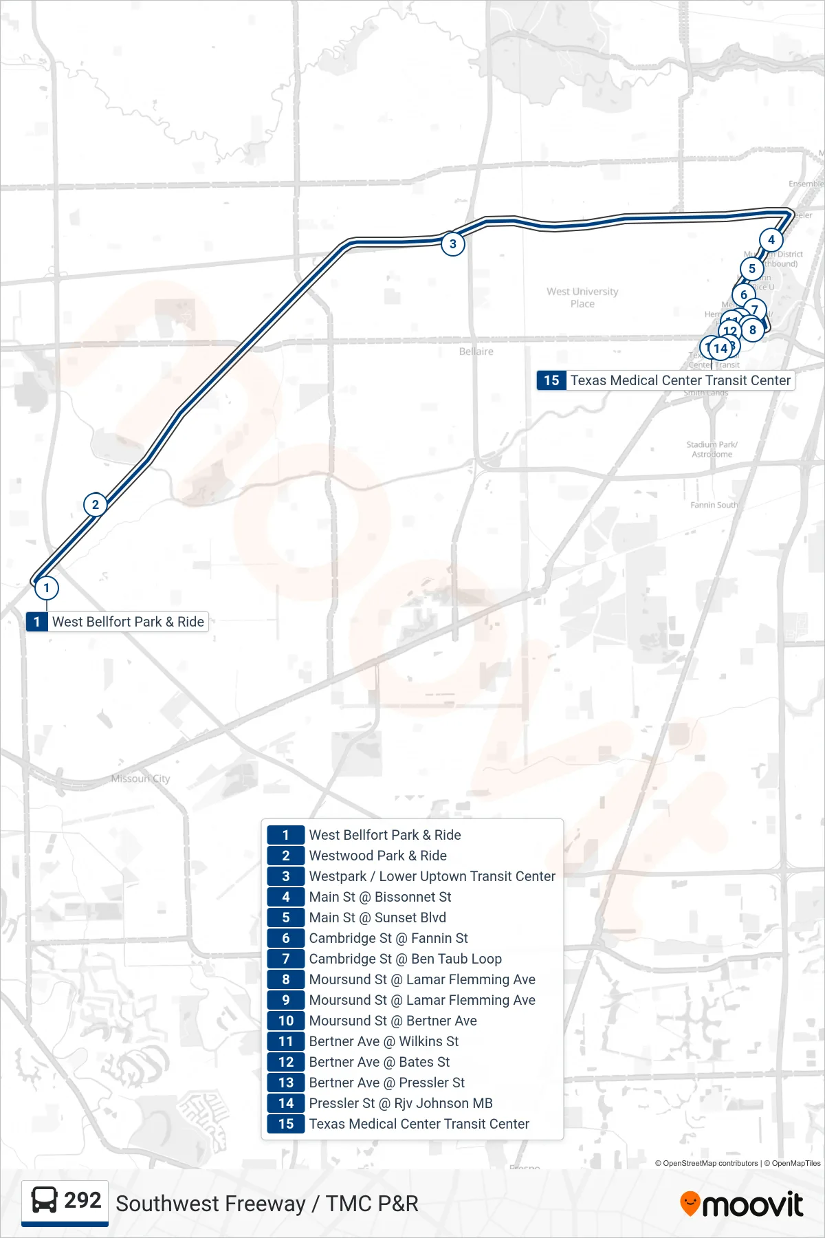 292 bus Line (Tmc Tc / Via Westpark/Lower Uptown Tc - Inbound) route and stops on a map