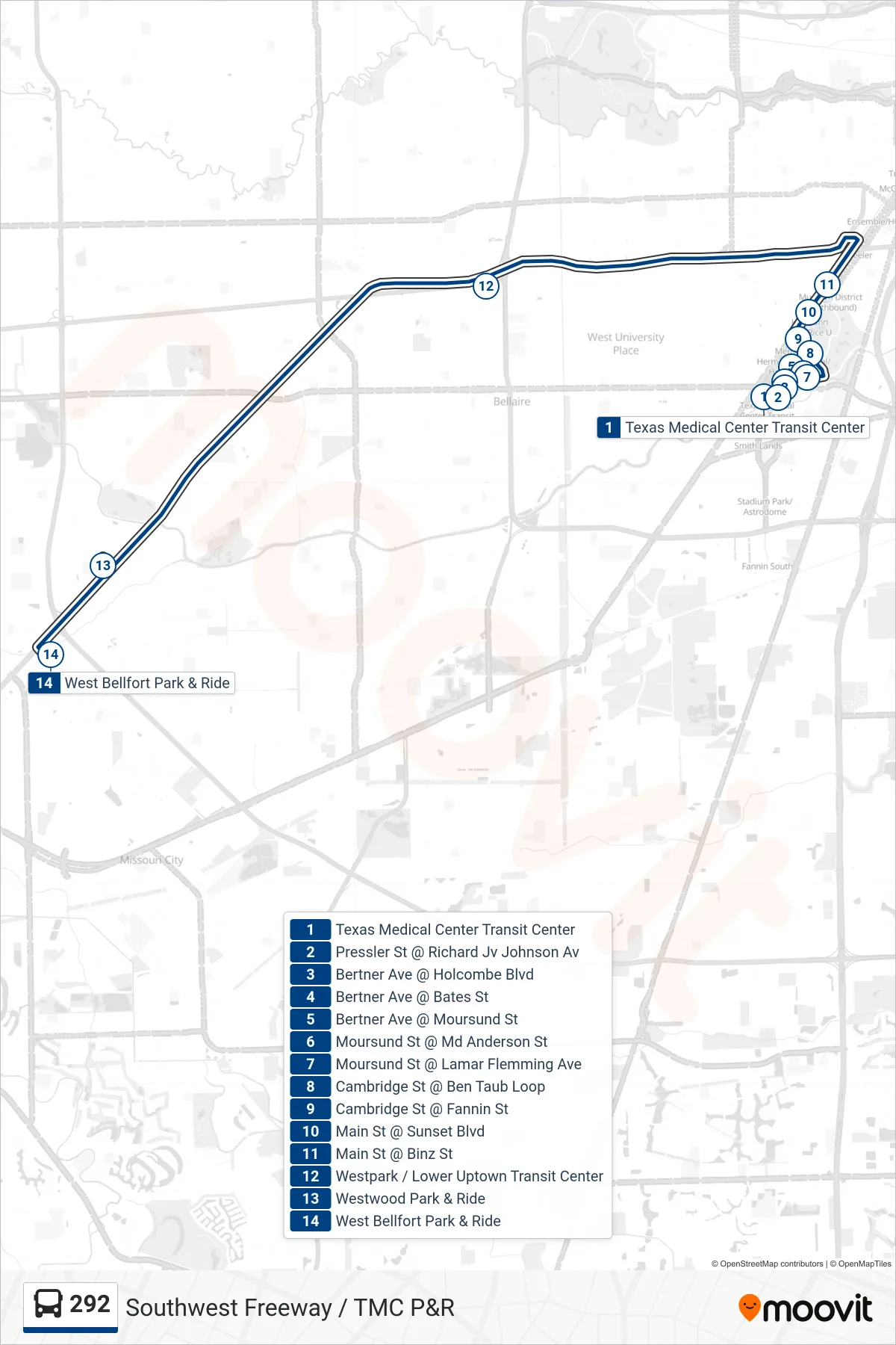 292 bus Line (West Bellfort/Westwood Via Westpark/Lower Uptown Tc - Outbound) route and stops on a map