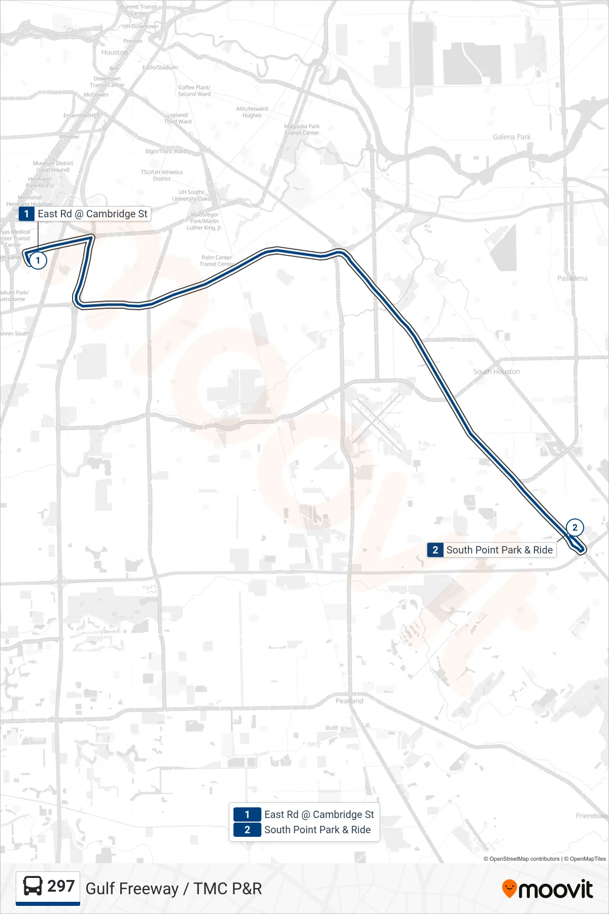 297 bus Line (South Point - Outbound) route and stops on a map
