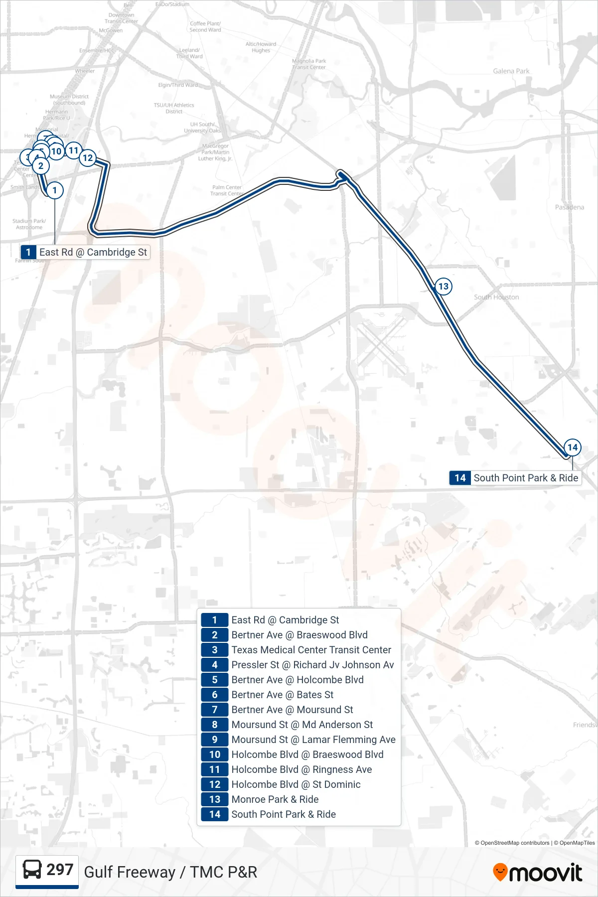 297 bus Line (South Point/Monroe - Outbound) route and stops on a map