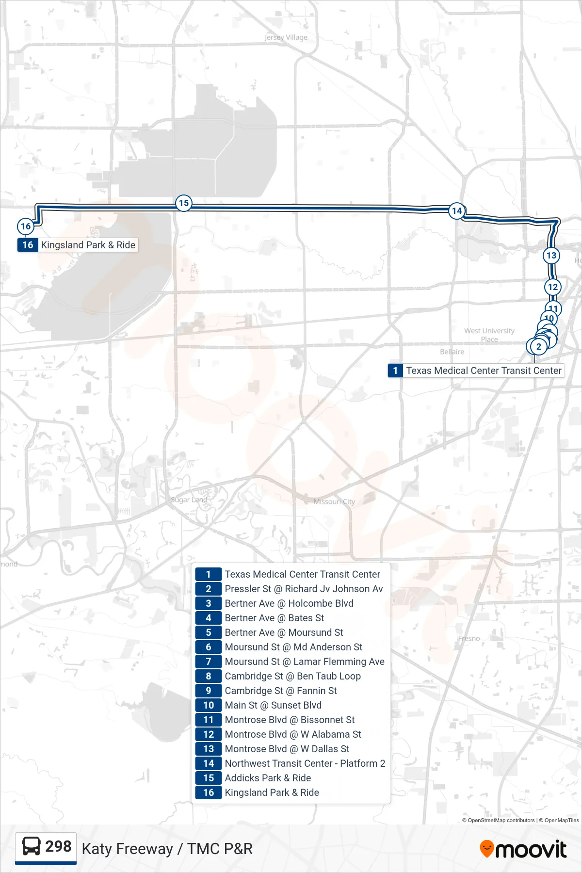298 bus Line (Kingsland/Addicks/Via Northwest Tc - Outbound) route and stops on a map