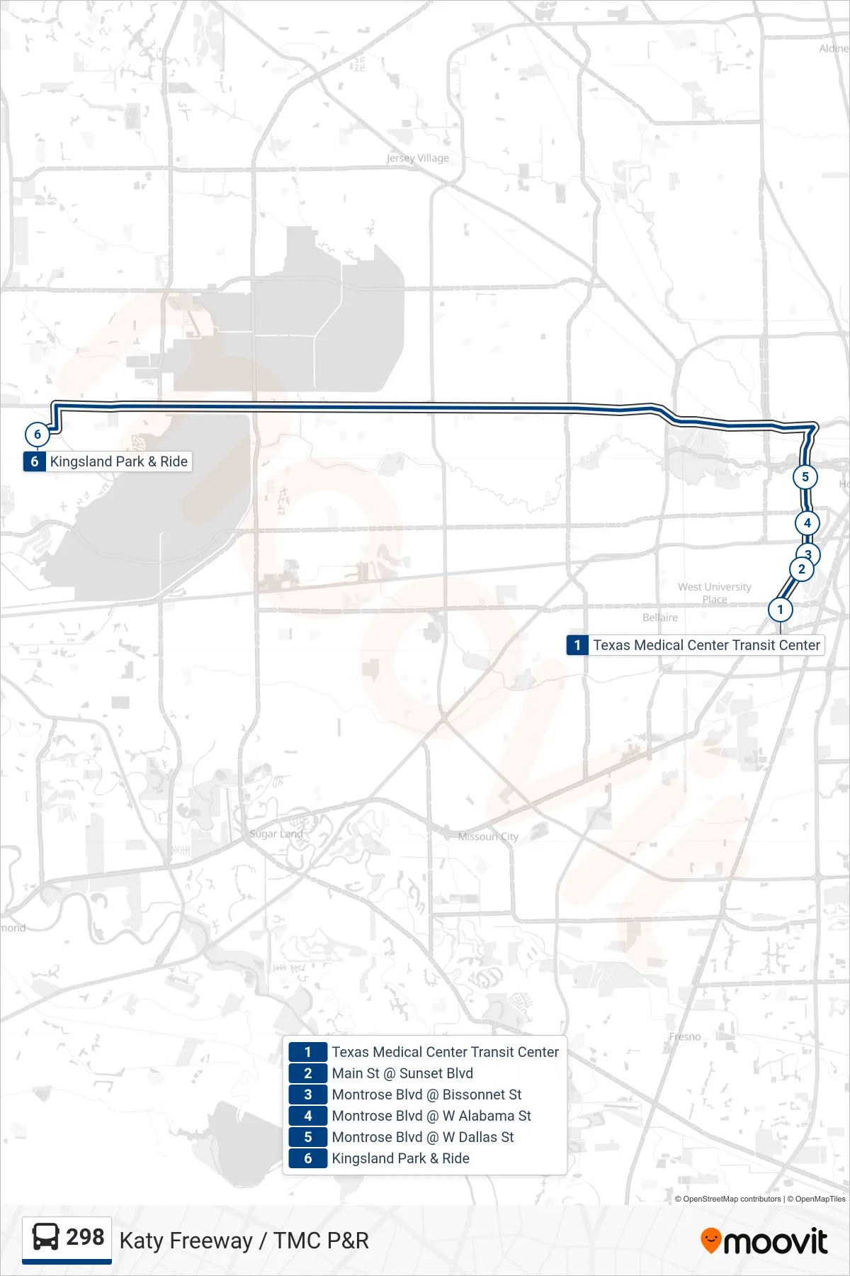 298 bus Line (Kingsland - Outbound) route and stops on a map