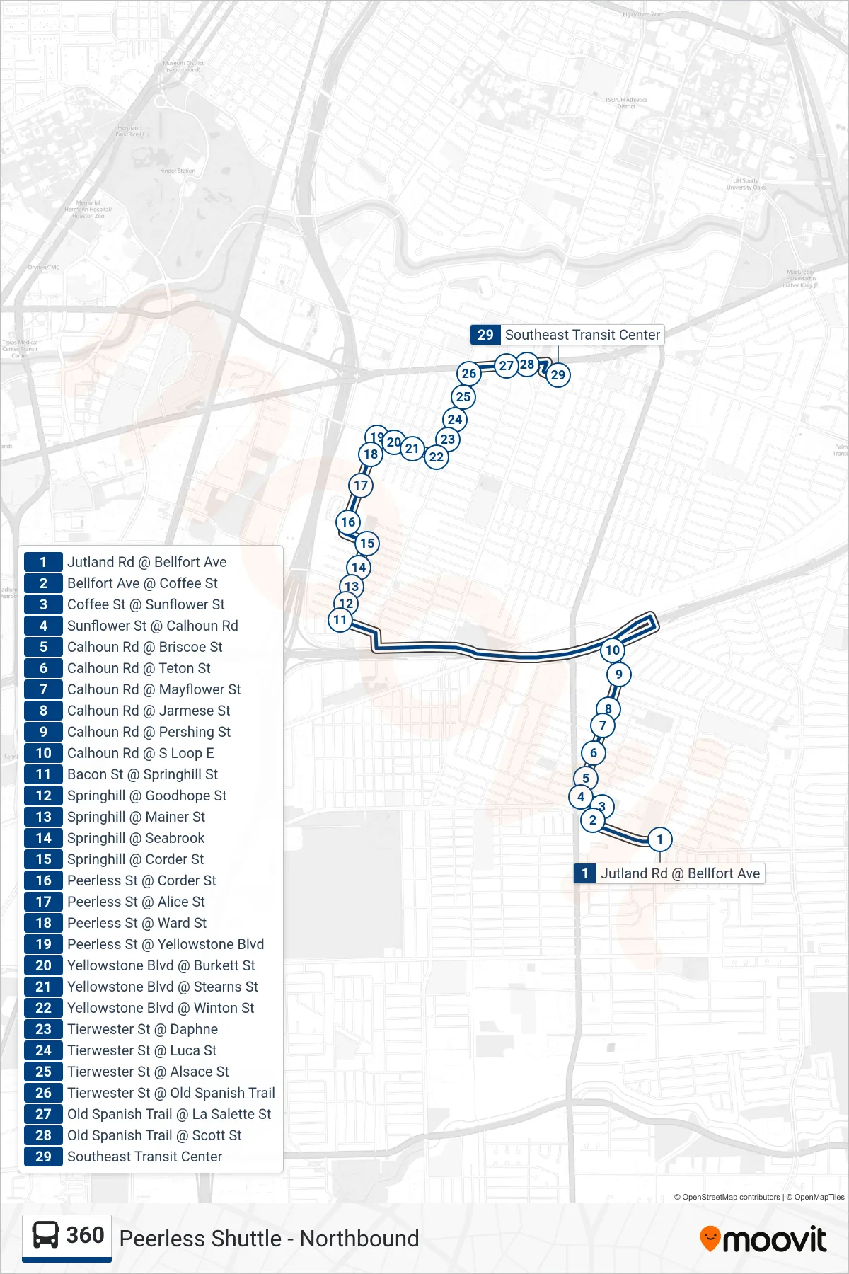 360 bus Line (Peerless Shuttle - Northbound) route and stops on a map