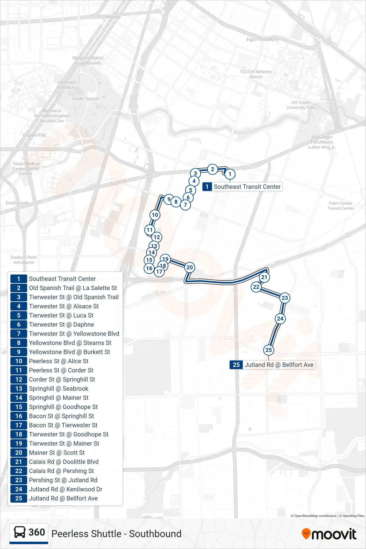 360 bus Line (Peerless Shuttle - Southbound) route and stops on a map