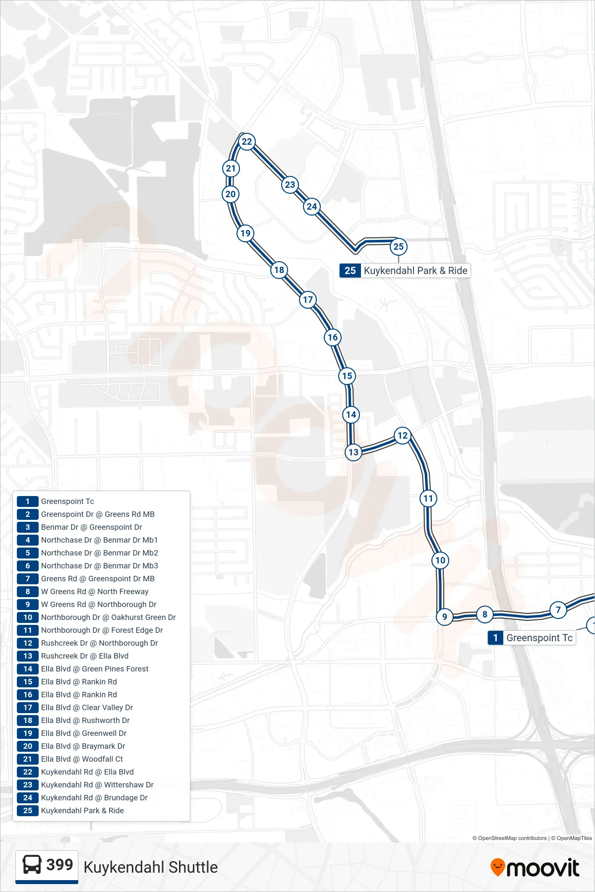 399 bus Line (Kuykendahl P&R Shuttle Kuykendahl P&R - Northbound) route and stops on a map