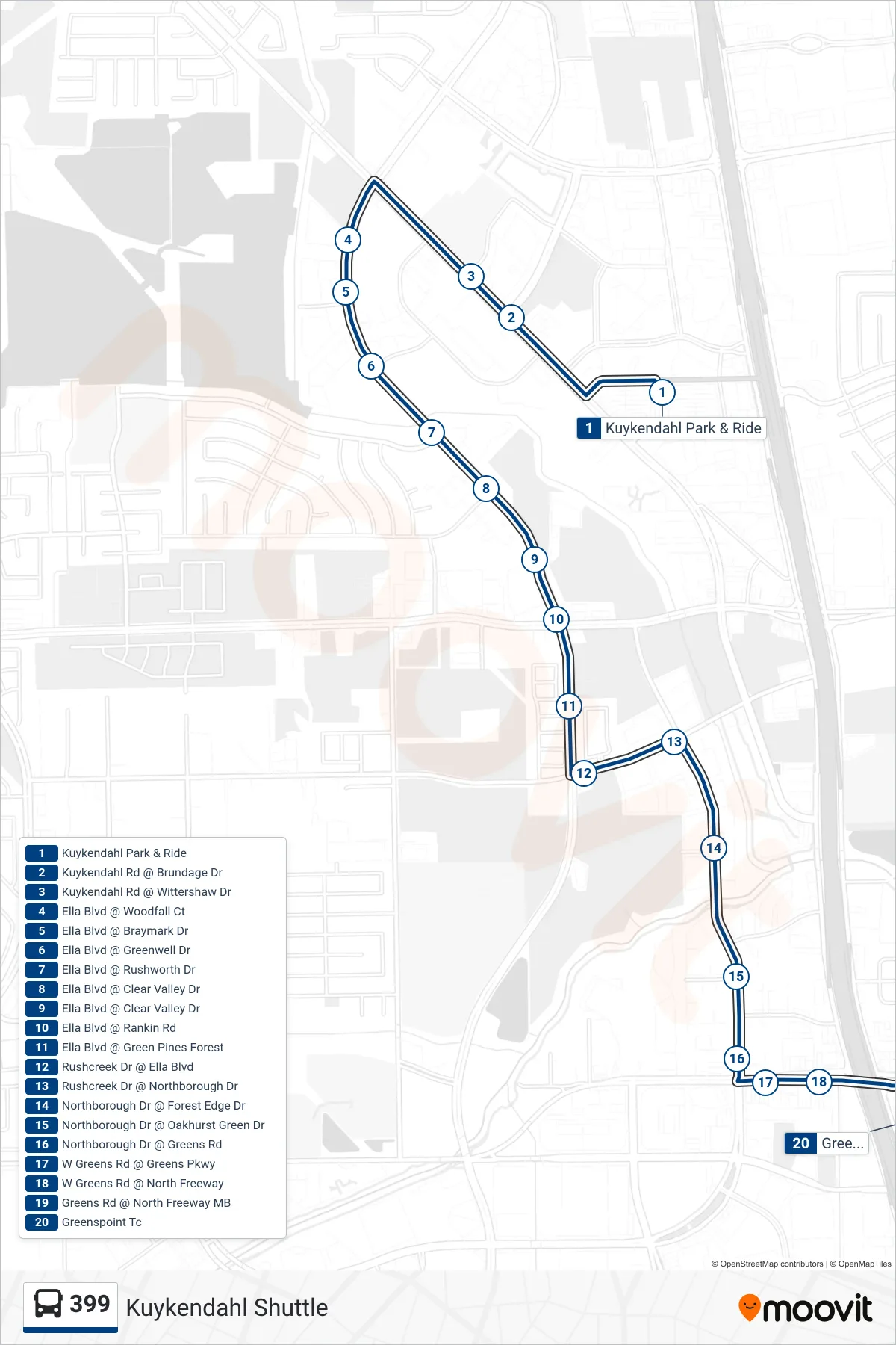 399 bus Line (Kuykendahl P&R Shuttle Greenspoint Tc - Southbound) route and stops on a map