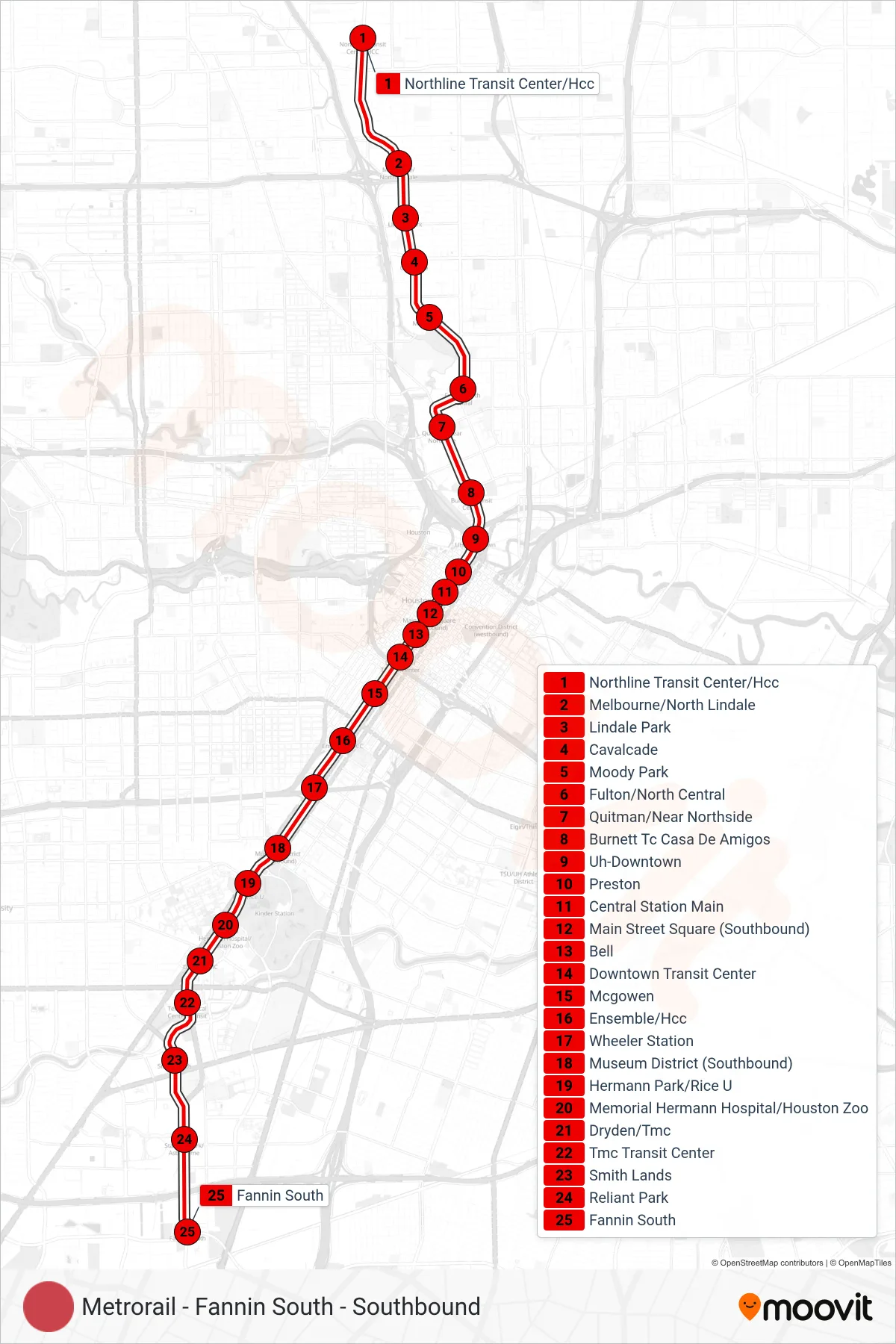 700 tram Line (Metrorail - Fannin South - Southbound) route and stops on a map