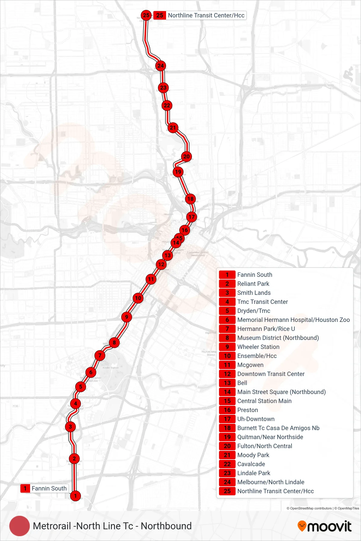 700 light rail Line (Metrorail -North Line Tc - Northbound) route and stops on a map