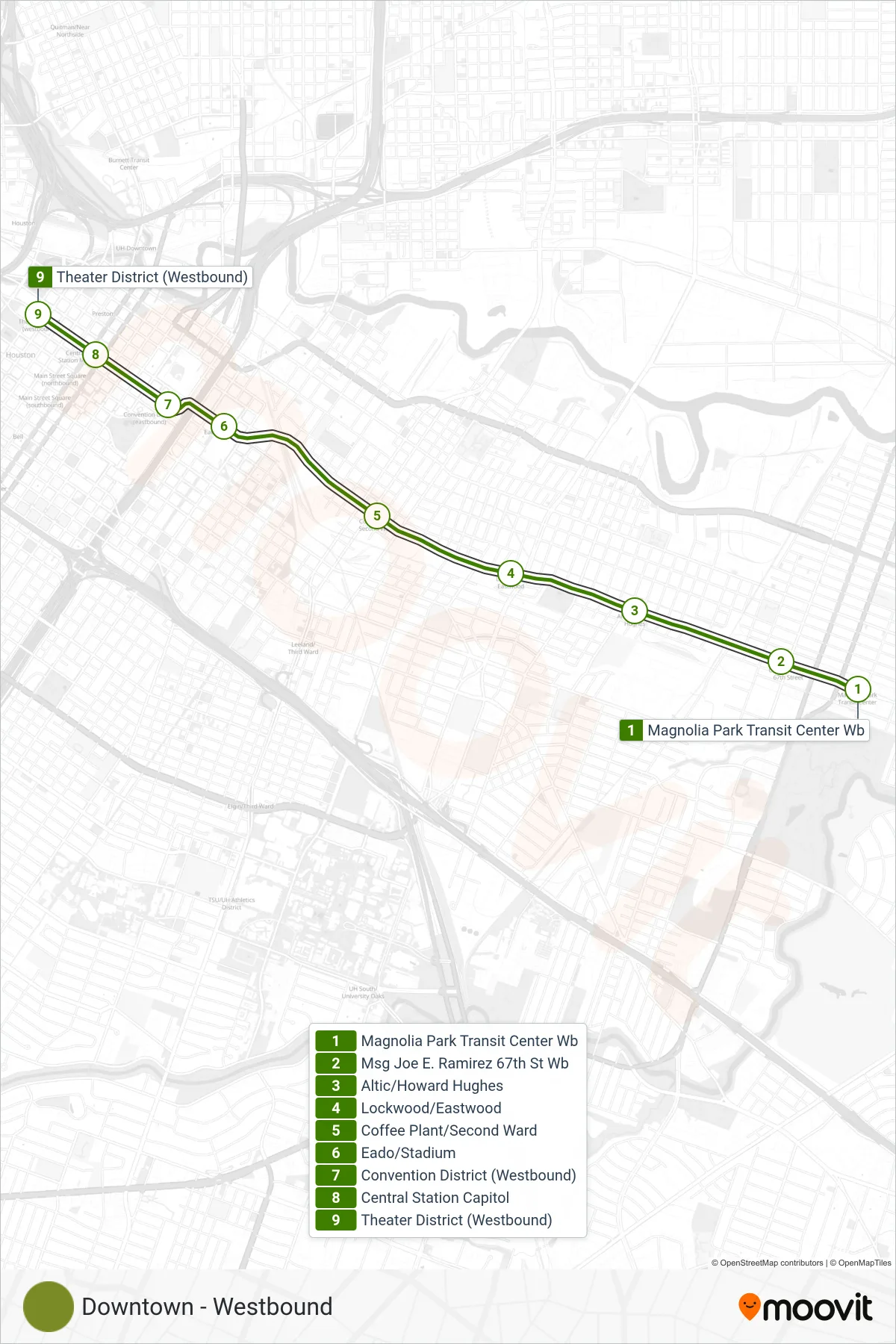800 light rail Line (Downtown - Westbound) route and stops on a map