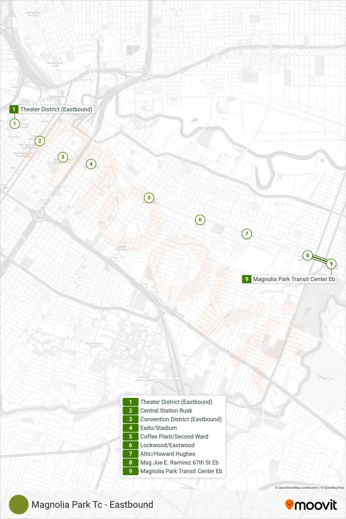 800 tram Line (Magnolia Park Tc - Eastbound) route and stops on a map