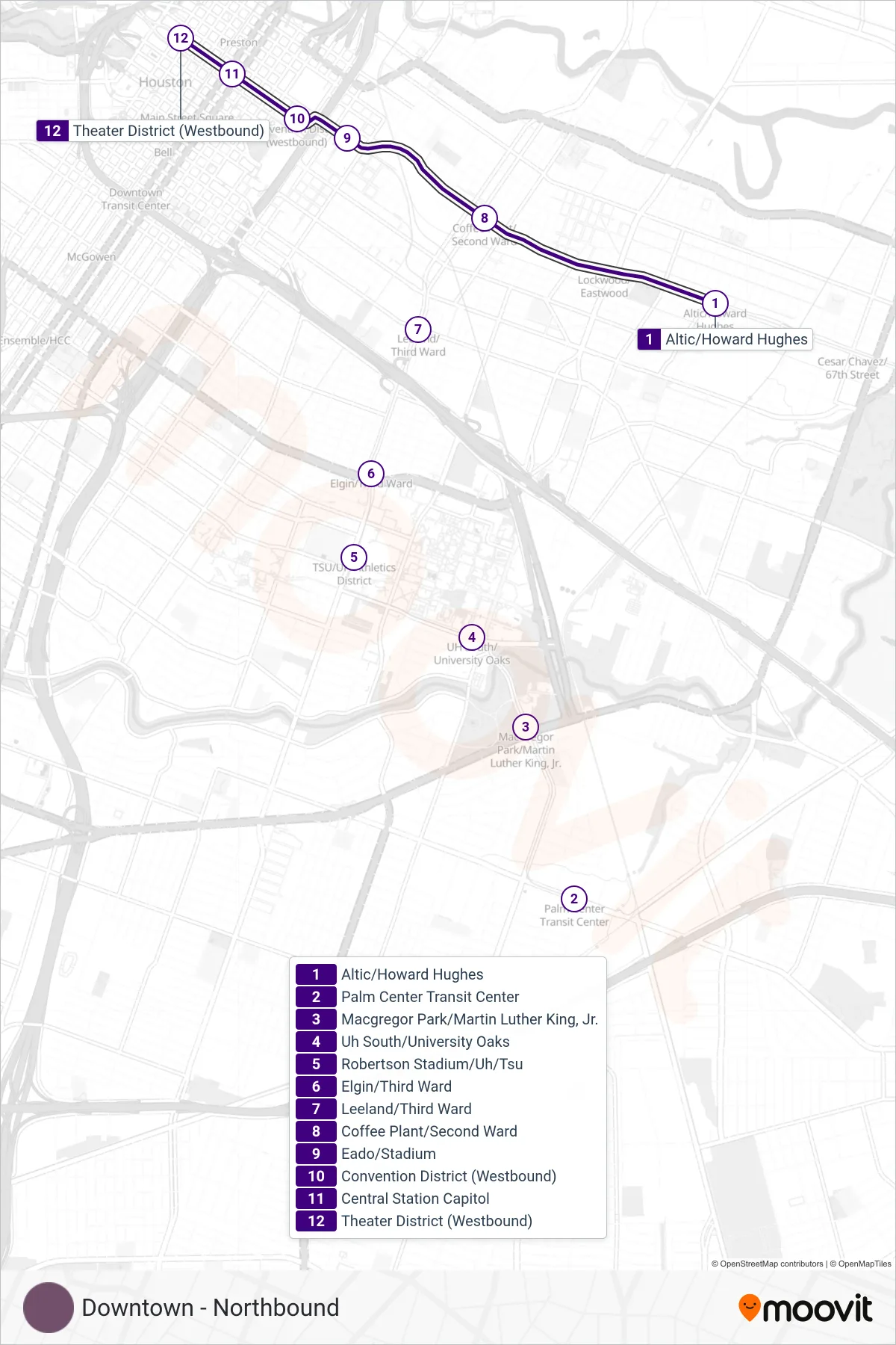 900 tram Line (Downtown - Northbound) route and stops on a map