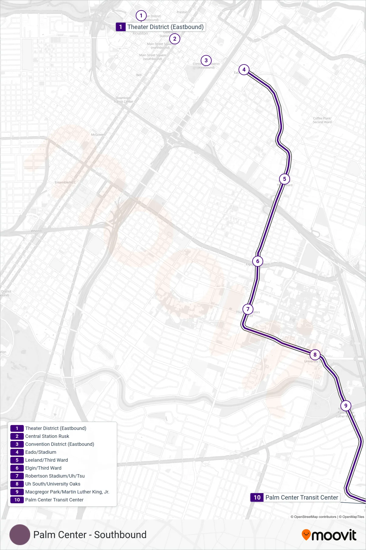 900 tram Line (Palm Center - Southbound) route and stops on a map