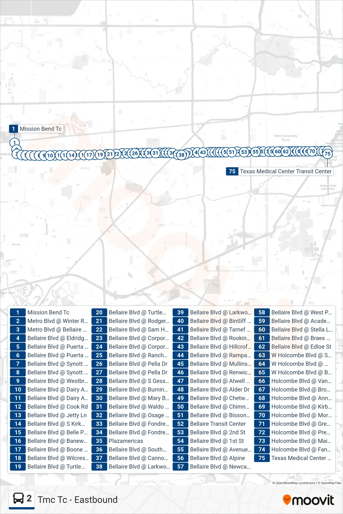 2 bus Line (Tmc Tc - Eastbound) route and stops on a map