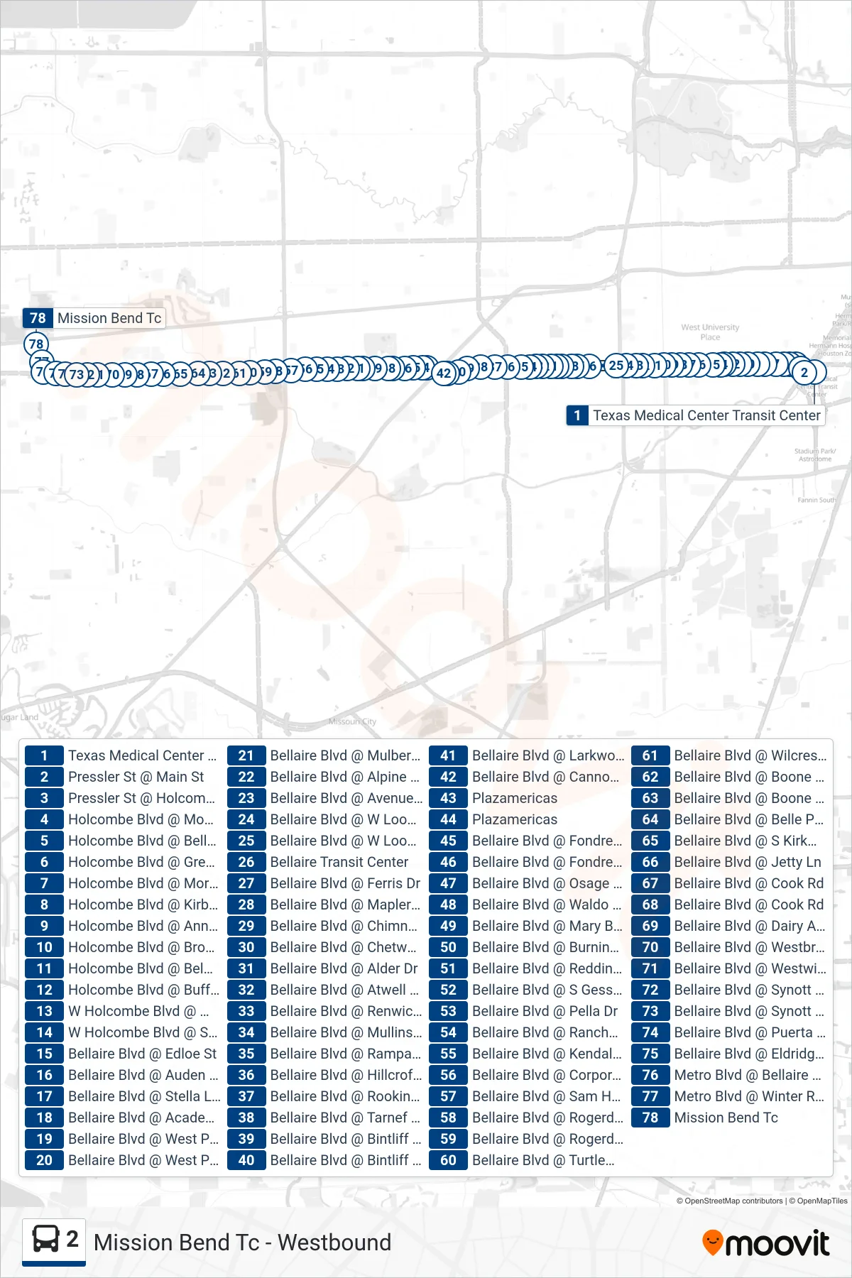 2 bus Line (Mission Bend Tc - Westbound) route and stops on a map