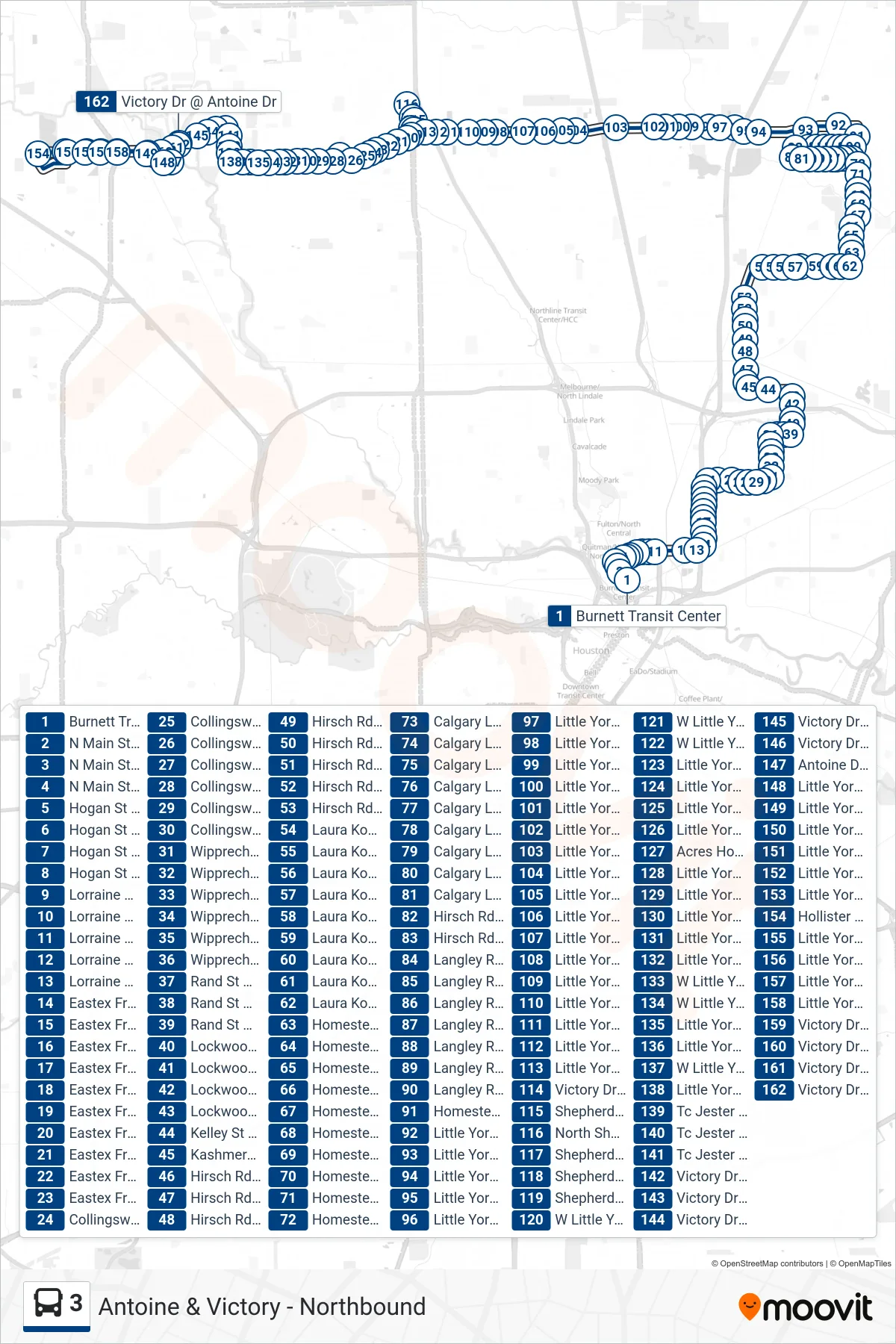 3 bus Line (Antoine & Victory - Northbound) route and stops on a map