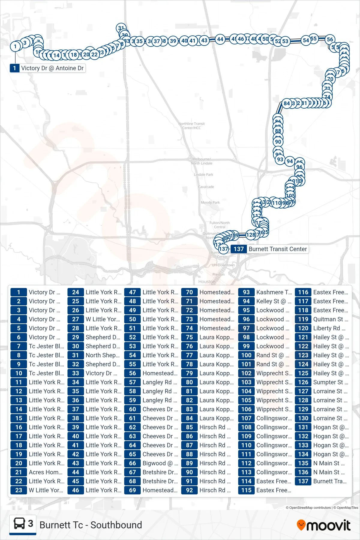 3 bus Line (Burnett Tc - Southbound) route and stops on a map