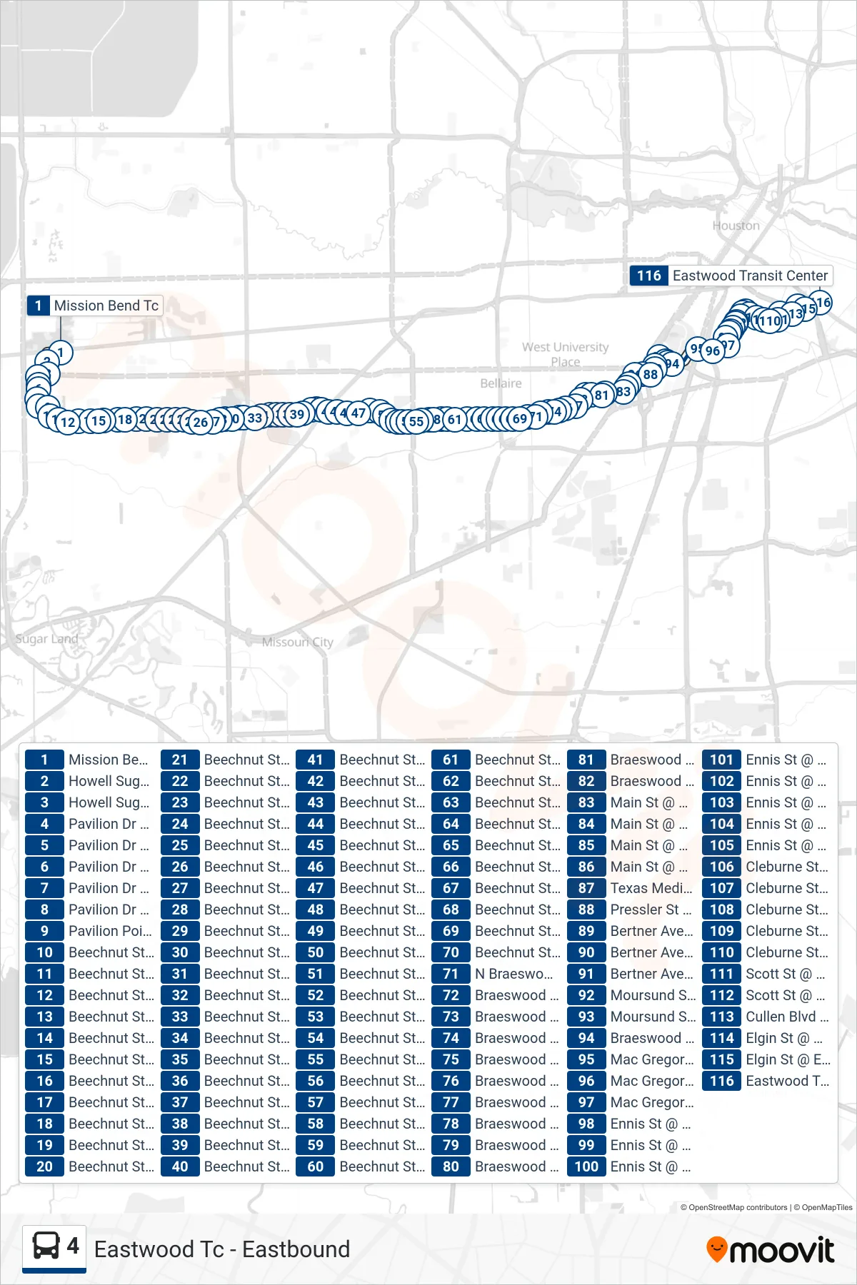 4 bus Line (Eastwood Tc - Eastbound) route and stops on a map