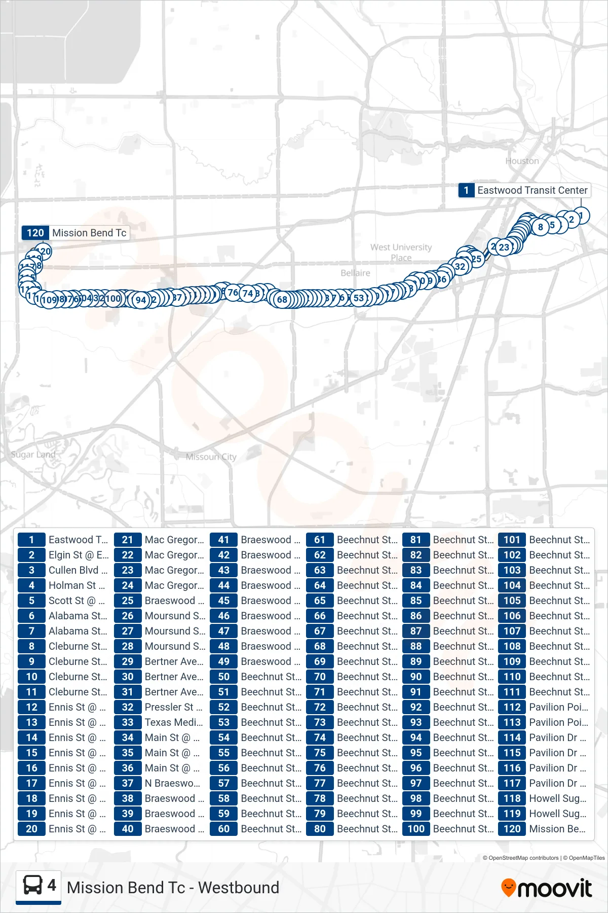 4 bus Line (Mission Bend Tc - Westbound) route and stops on a map