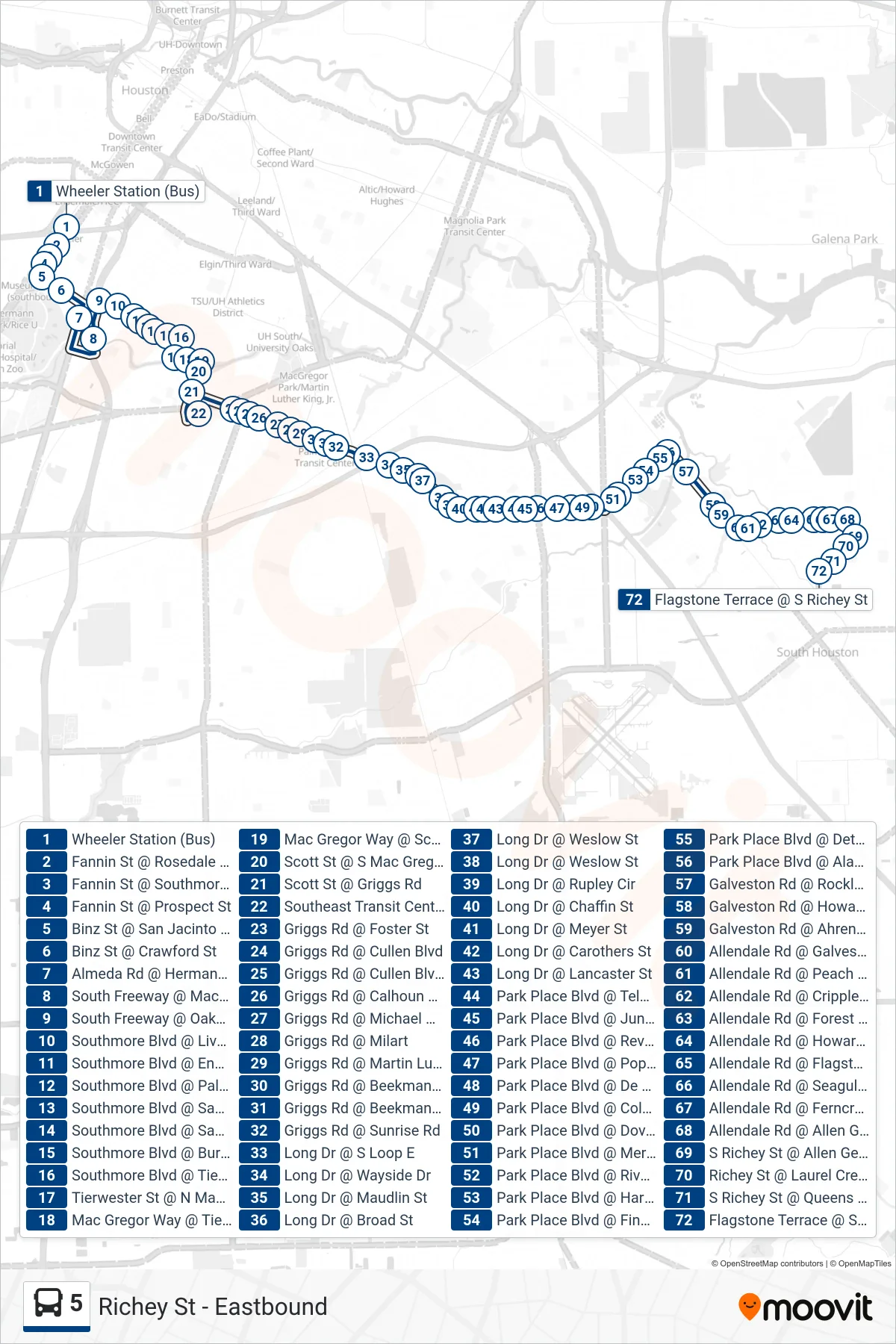 5 bus Line (Richey St - Eastbound) route and stops on a map