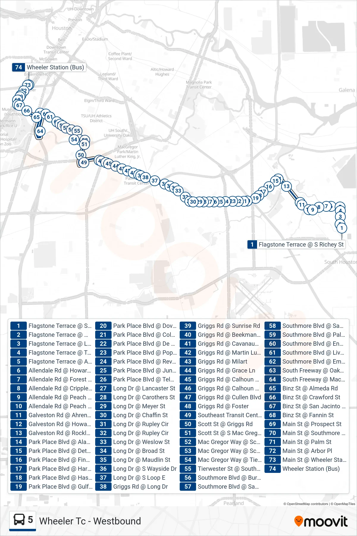 5 bus Line (Wheeler Tc - Westbound) route and stops on a map