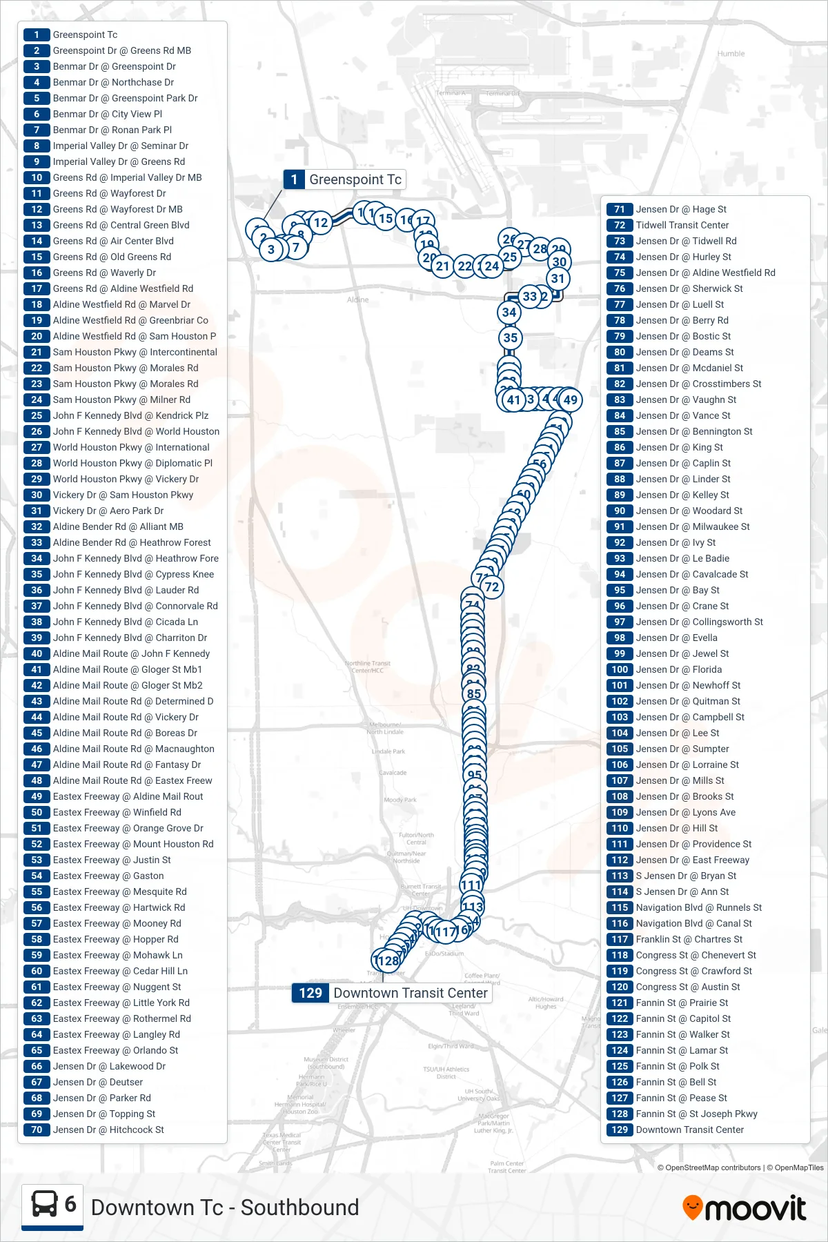 6 bus Line (Downtown Tc - Southbound) route and stops on a map