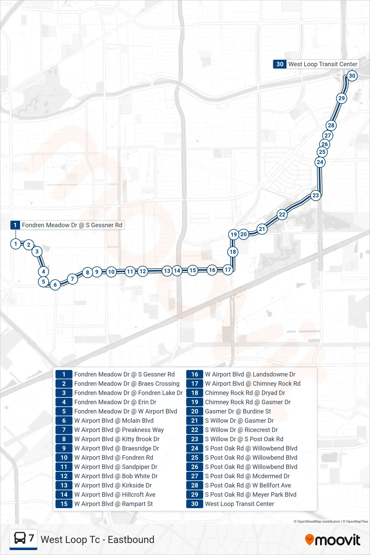 7 bus Line (West Loop Tc - Eastbound) route and stops on a map