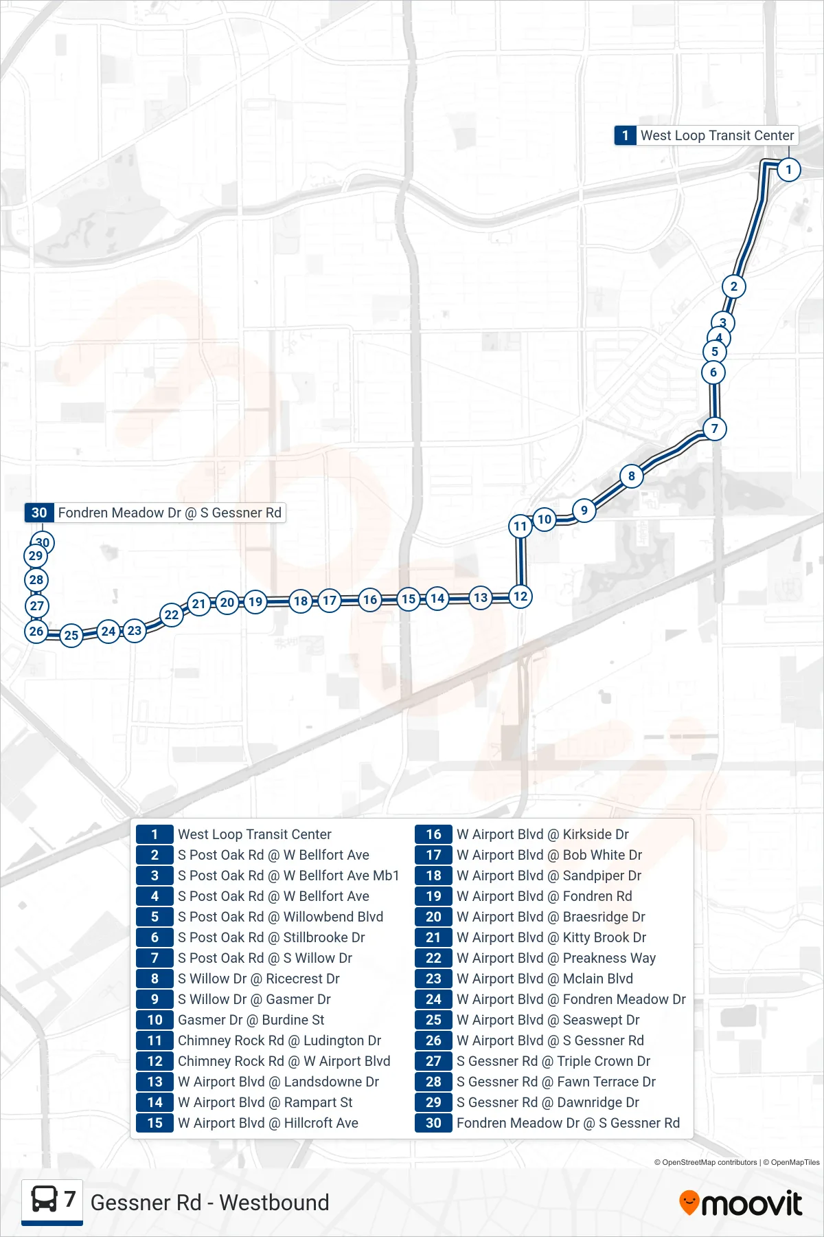7 bus Line (Gessner Rd - Westbound) route and stops on a map